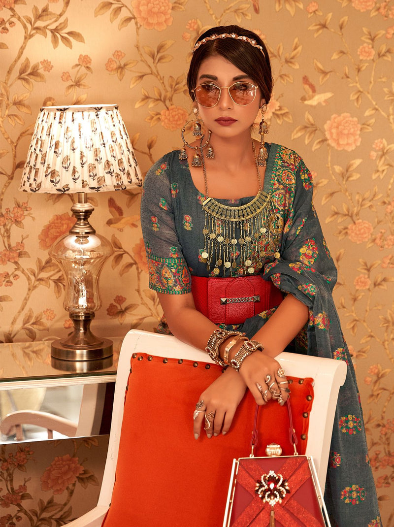 Green Pashmina Silk Saree With Colorful Woven Motifs - TrendOye