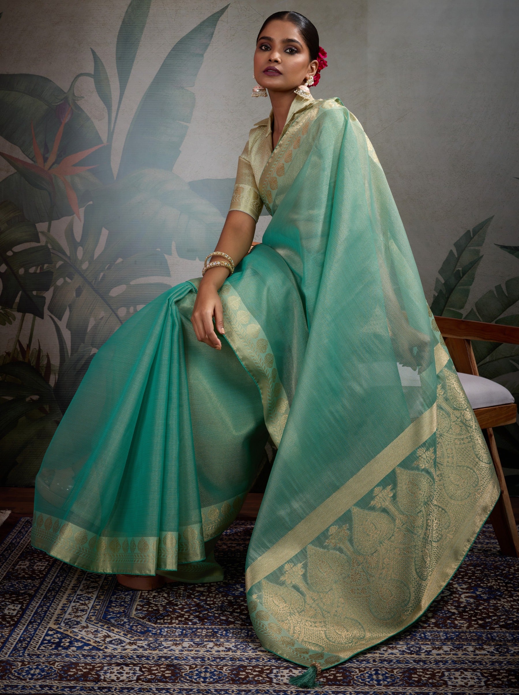Persian Green Fancy Tissue Silk Saree With Blouse Piece