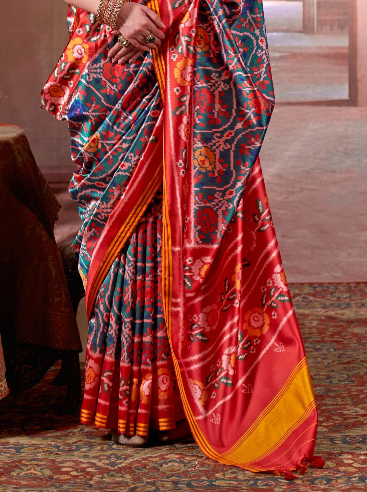 Persian Green Patola Silk Saree With Blouse Piece