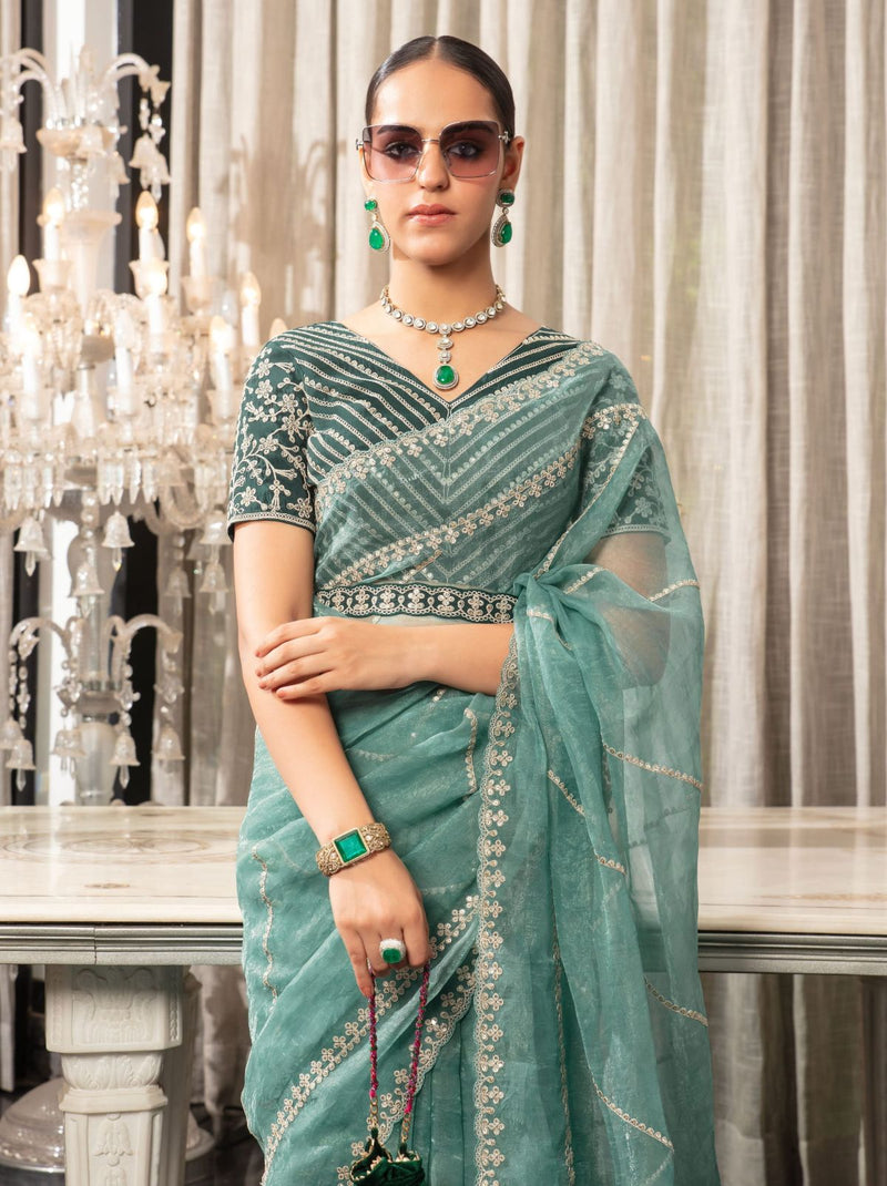 Pine Green Premium Organza Designer Saree