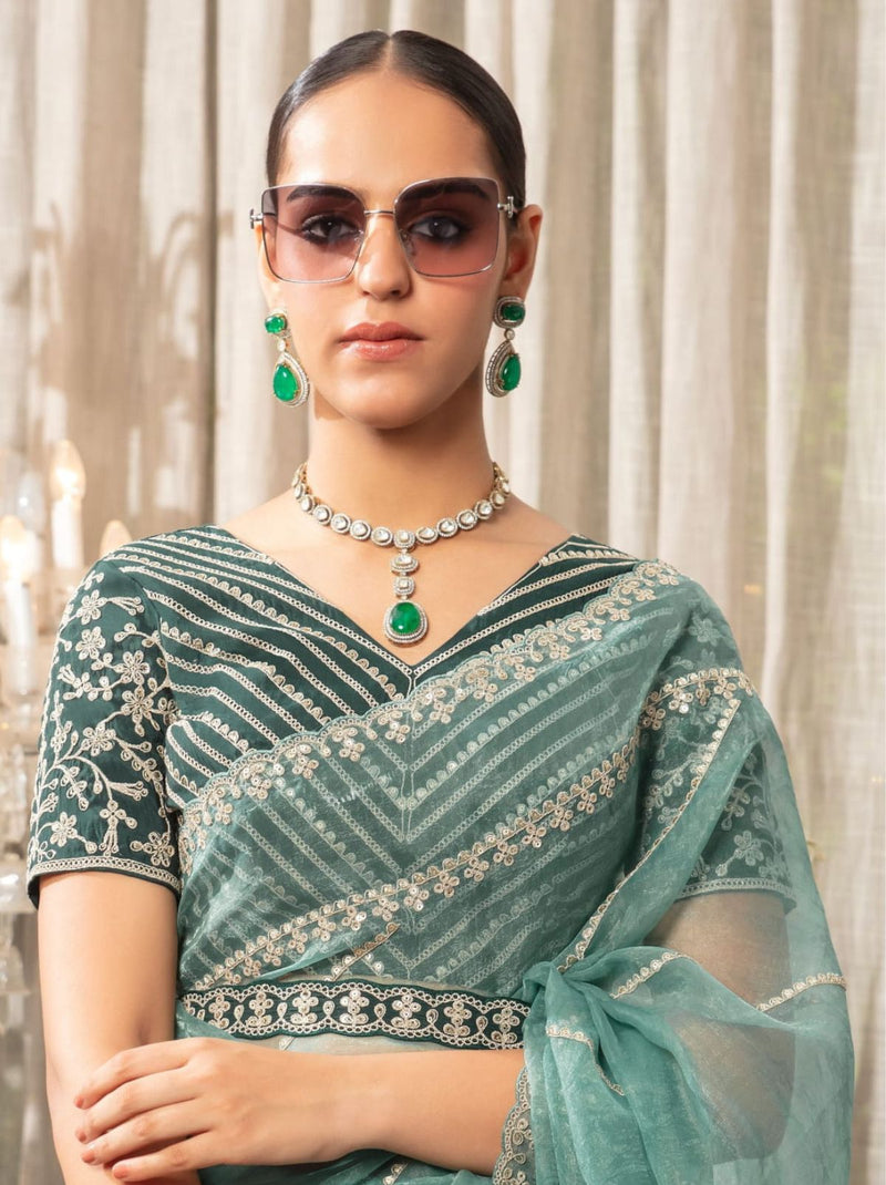 Pine Green Premium Organza Designer Saree