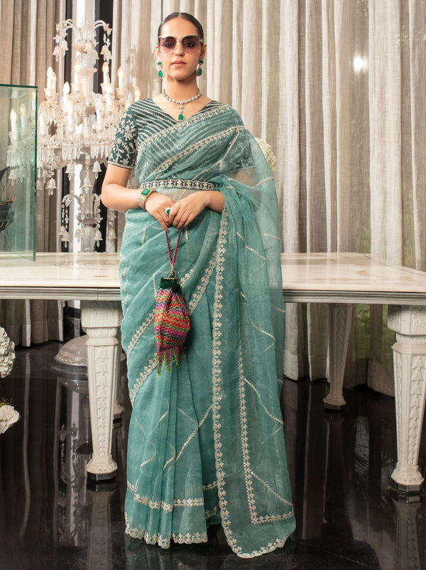 Pine Green Premium Organza Designer Saree - TrendOye