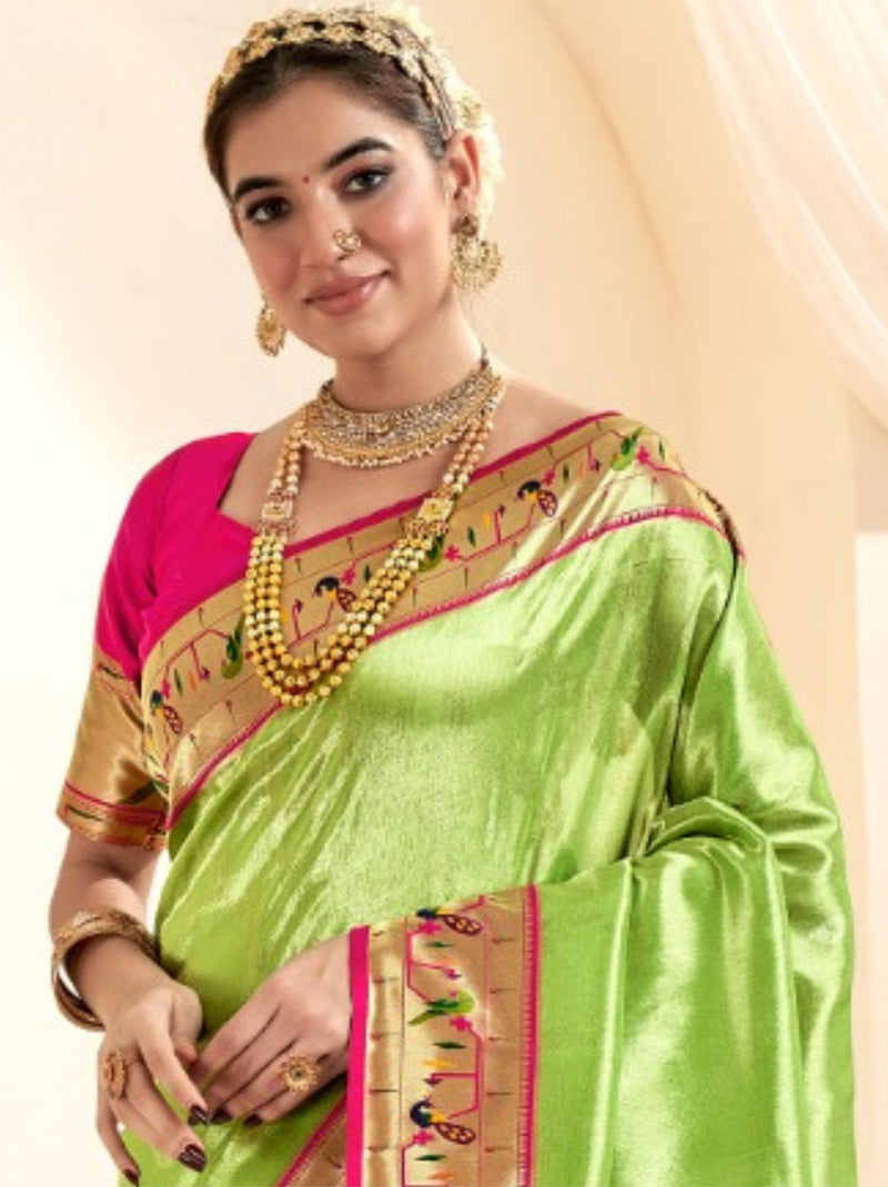 Mint Green Paithani Silk Blended Saree - TrendOye