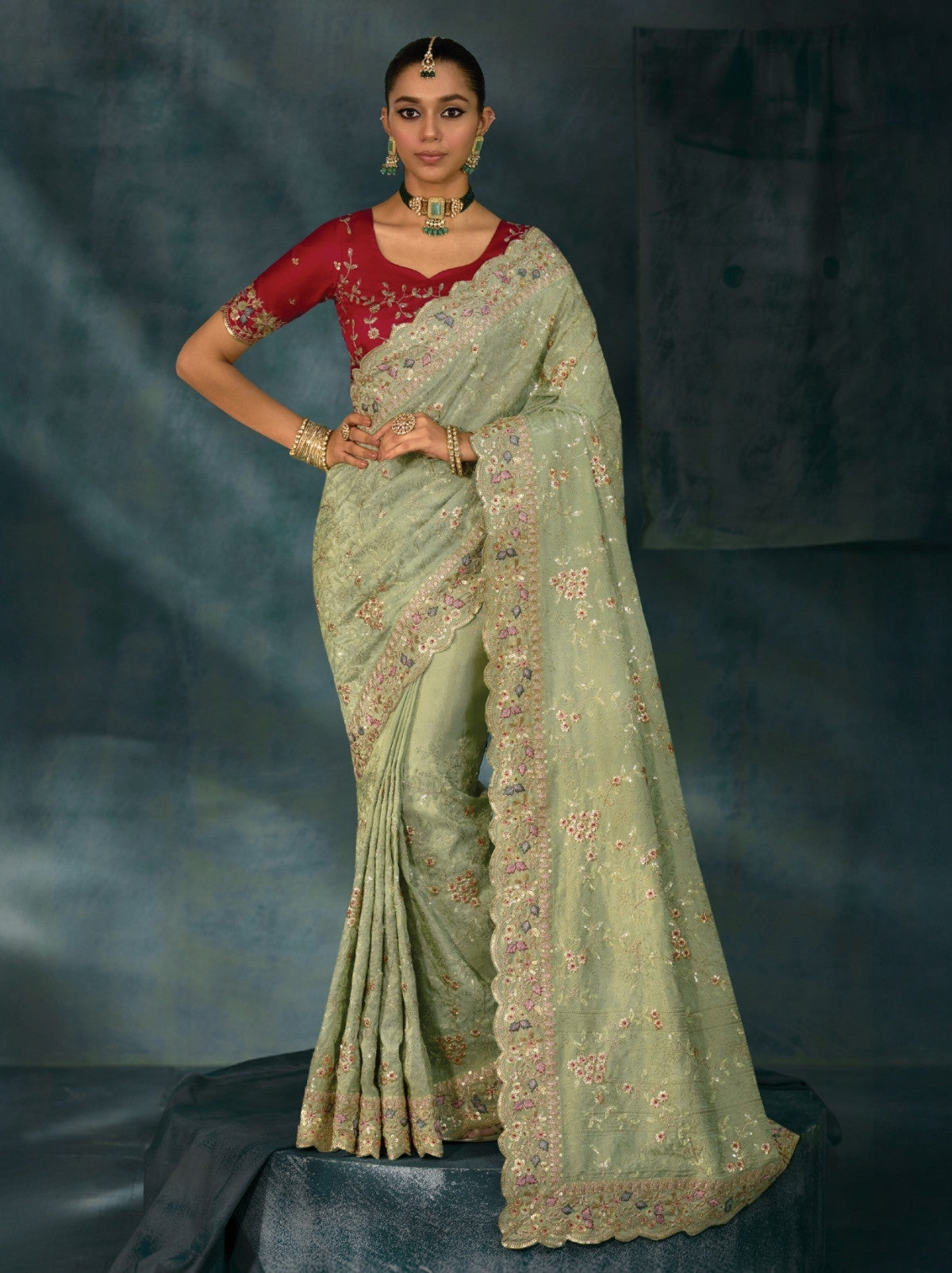 Pistachio Green Wedding Premium Banarasi Silk Saree With Blouse Piece
