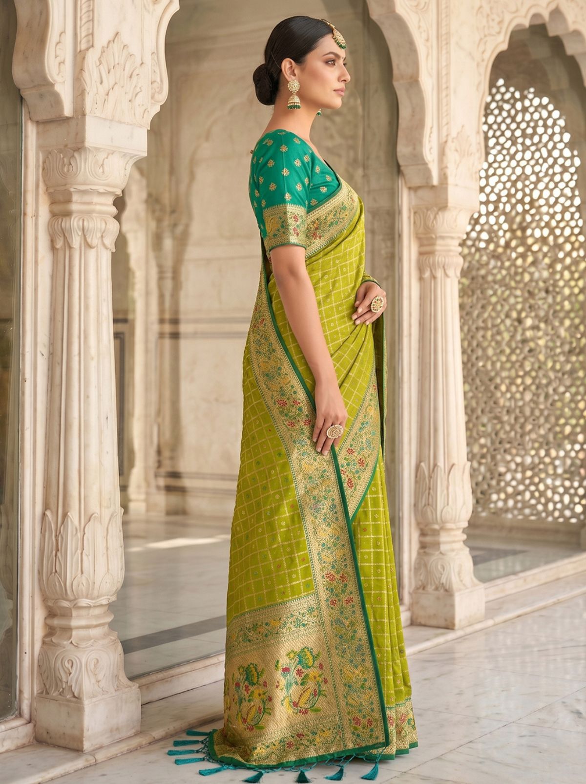 Apple Green Premium Banarasi Silk Saree With Tassels Work