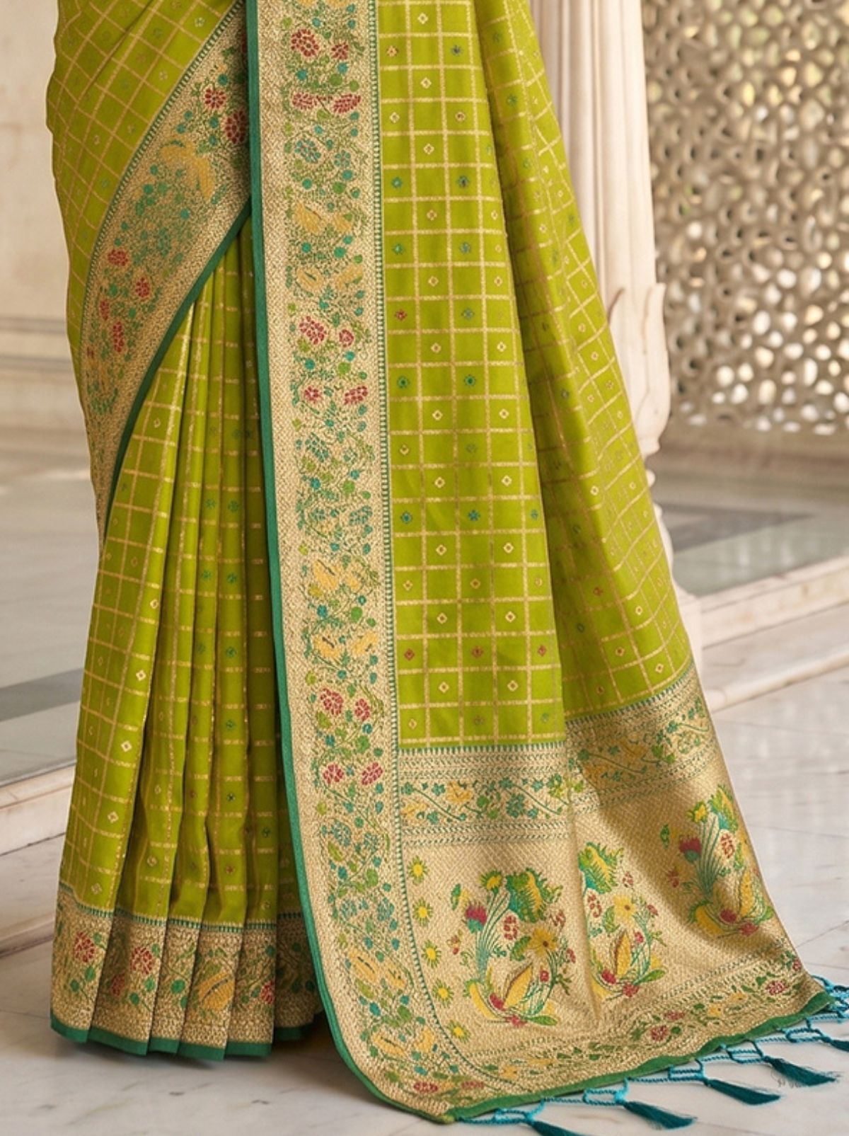 Apple Green Premium Banarasi Silk Saree With Tassels Work