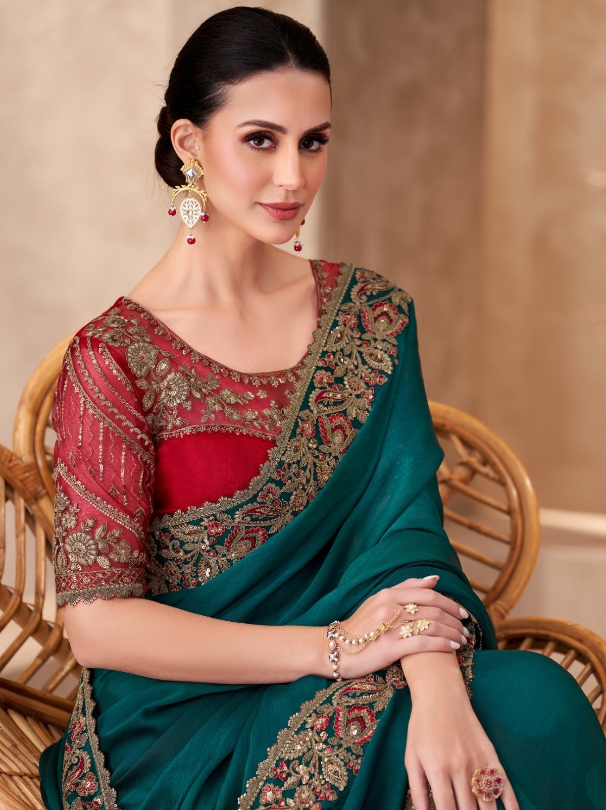 Peacock Green Premium Chiffon Saree With Blouse Piece