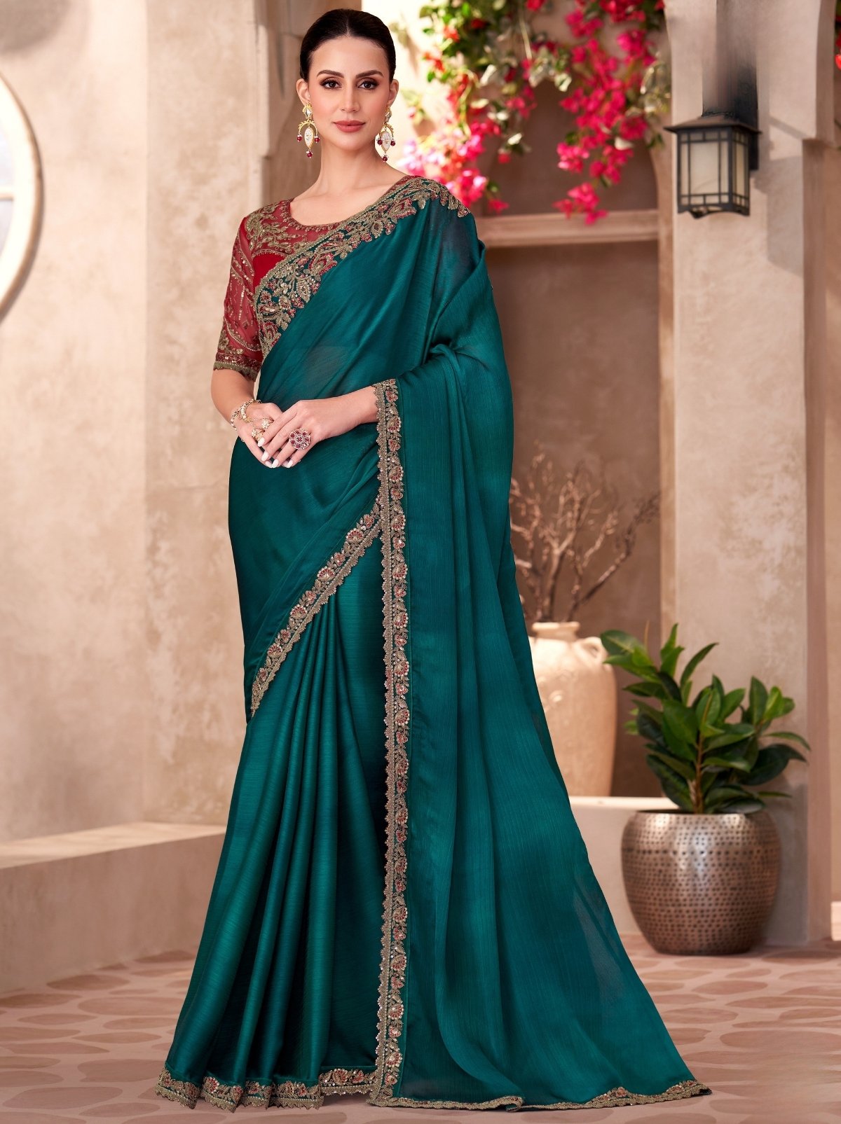 Peacock Green Premium Chiffon Saree With Blouse Piece