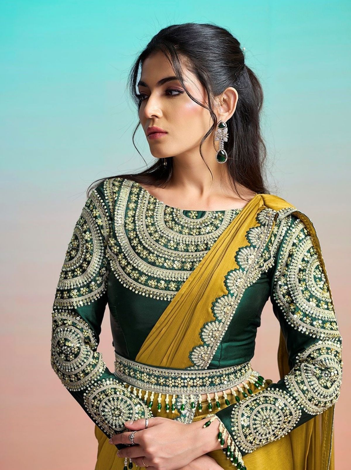 Olive Green Premium Chiffon Satin Silk Ready to Wear Saree with Belt