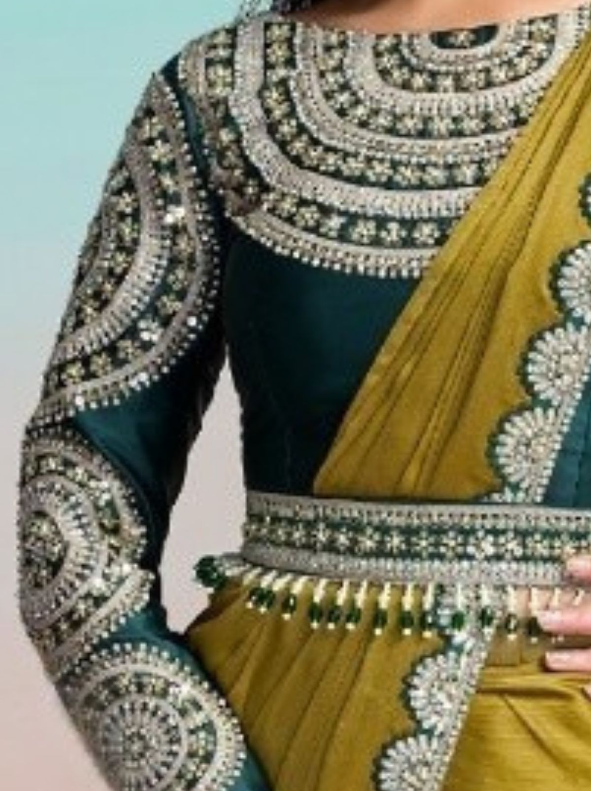Olive Green Premium Chiffon Satin Silk Ready to Wear Saree with Belt