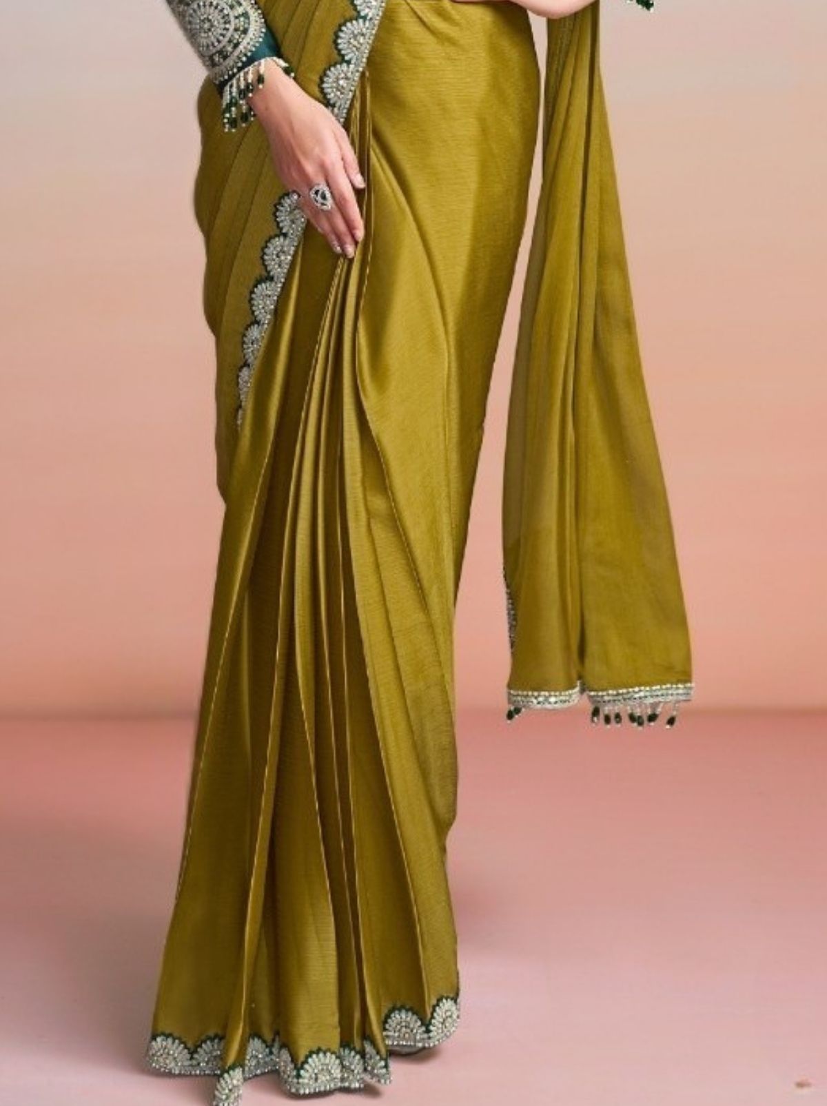 Olive Green Premium Chiffon Satin Silk Ready to Wear Saree with Belt