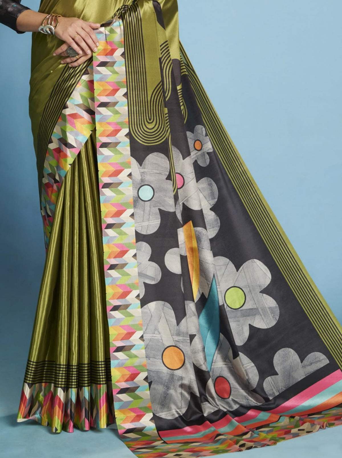 Olive Green Premium Crepe Silk Saree With Abstract Print