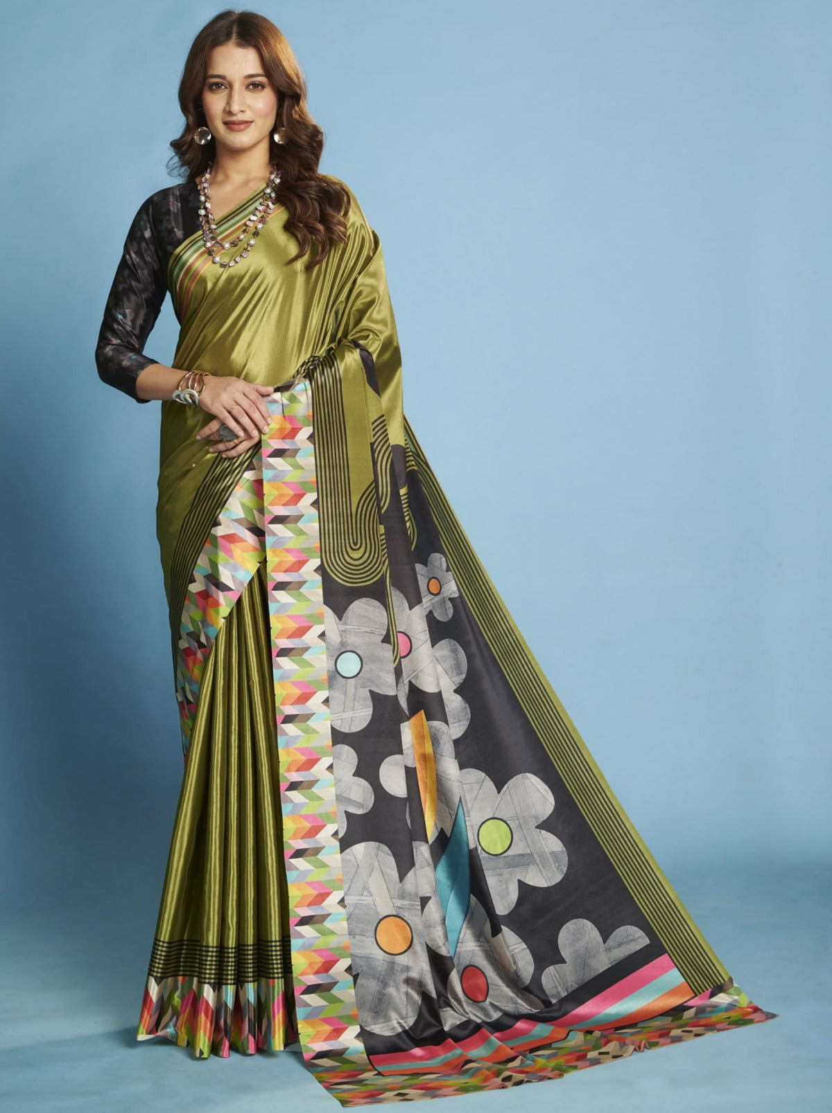Olive Green Premium Crepe Silk Saree With Abstract Print
