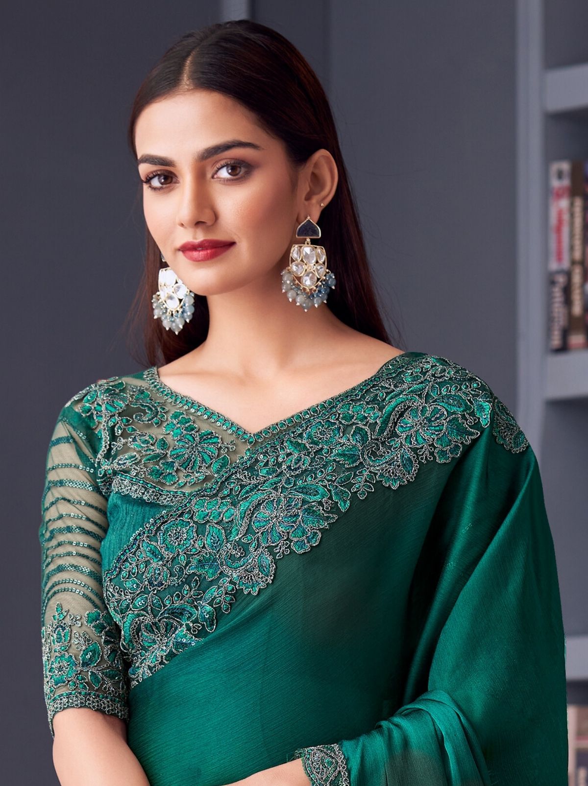 Teal Green Party Designer Saree - TrendOye