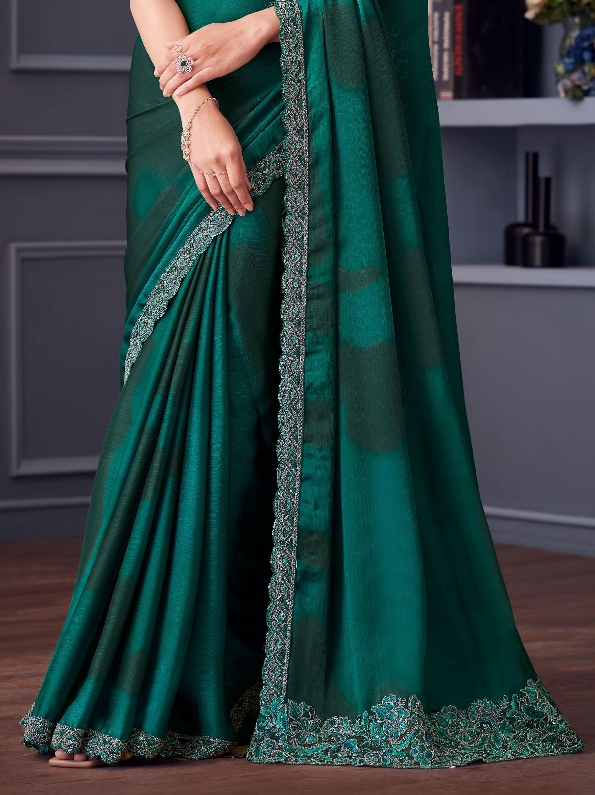 Teal Green Party Designer Saree - TrendOye