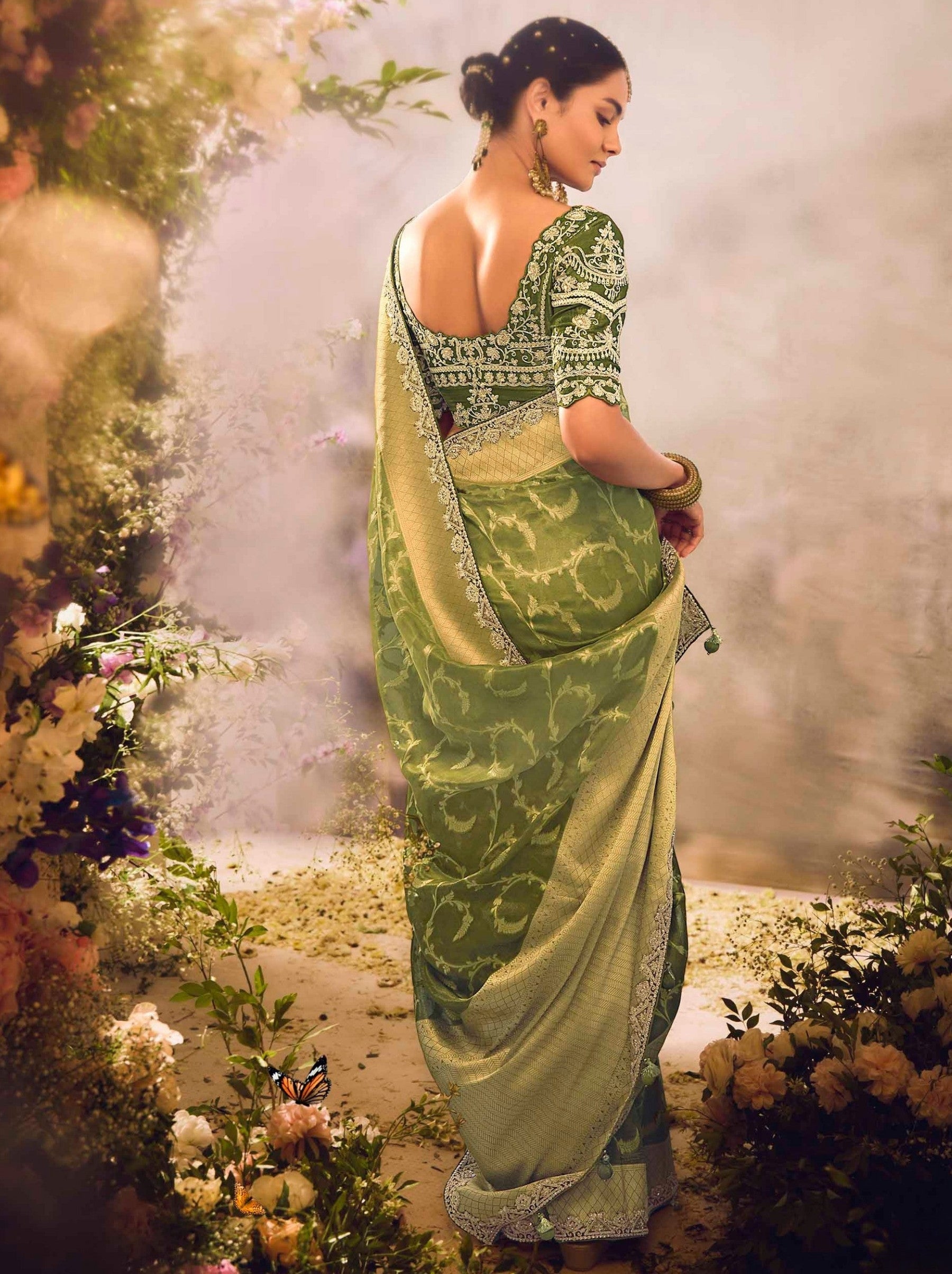 Olive Green Wedding And Celebration Saree - TrendOye