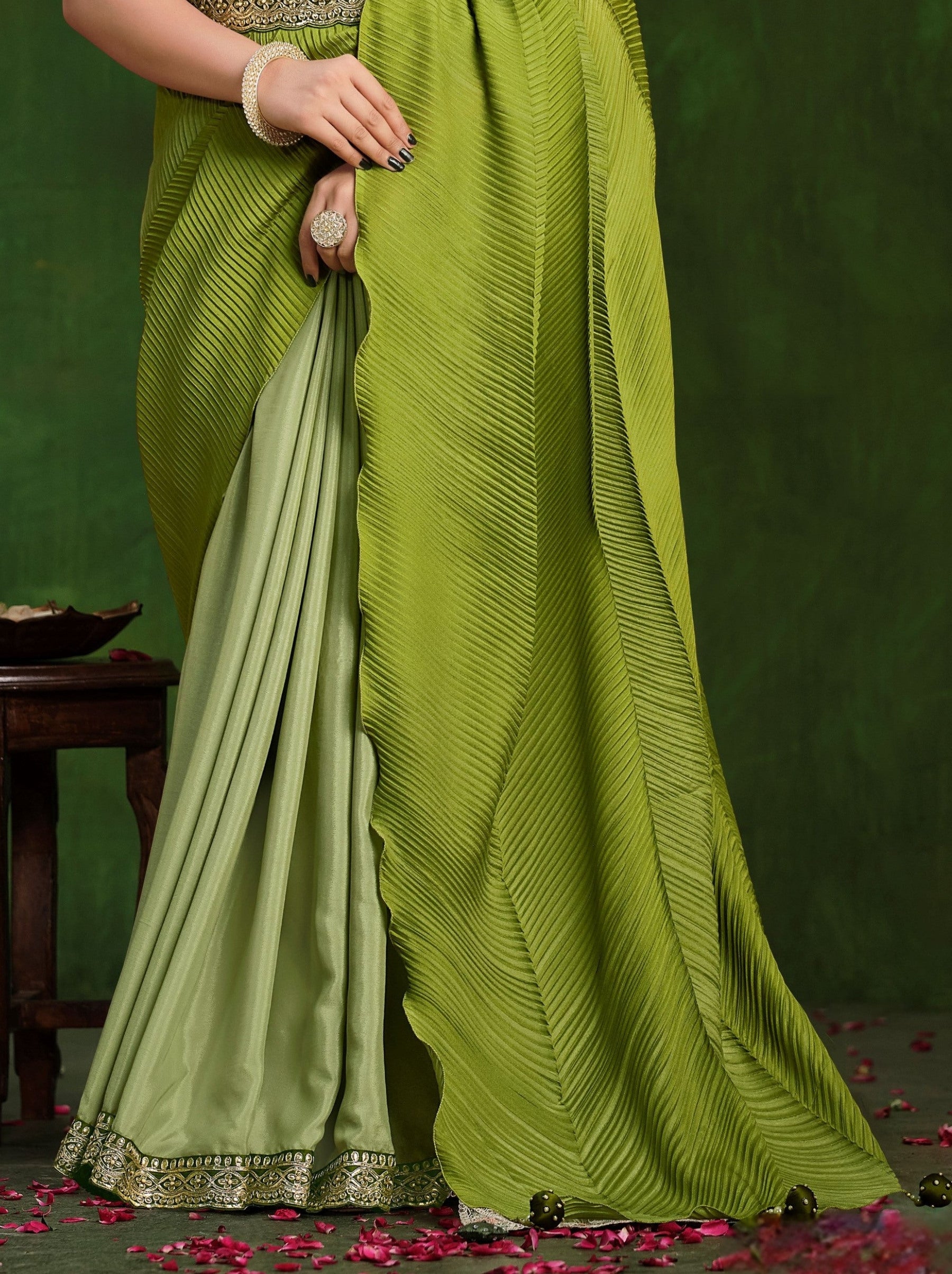 Lawn Green Celebration Saree - TrendOye