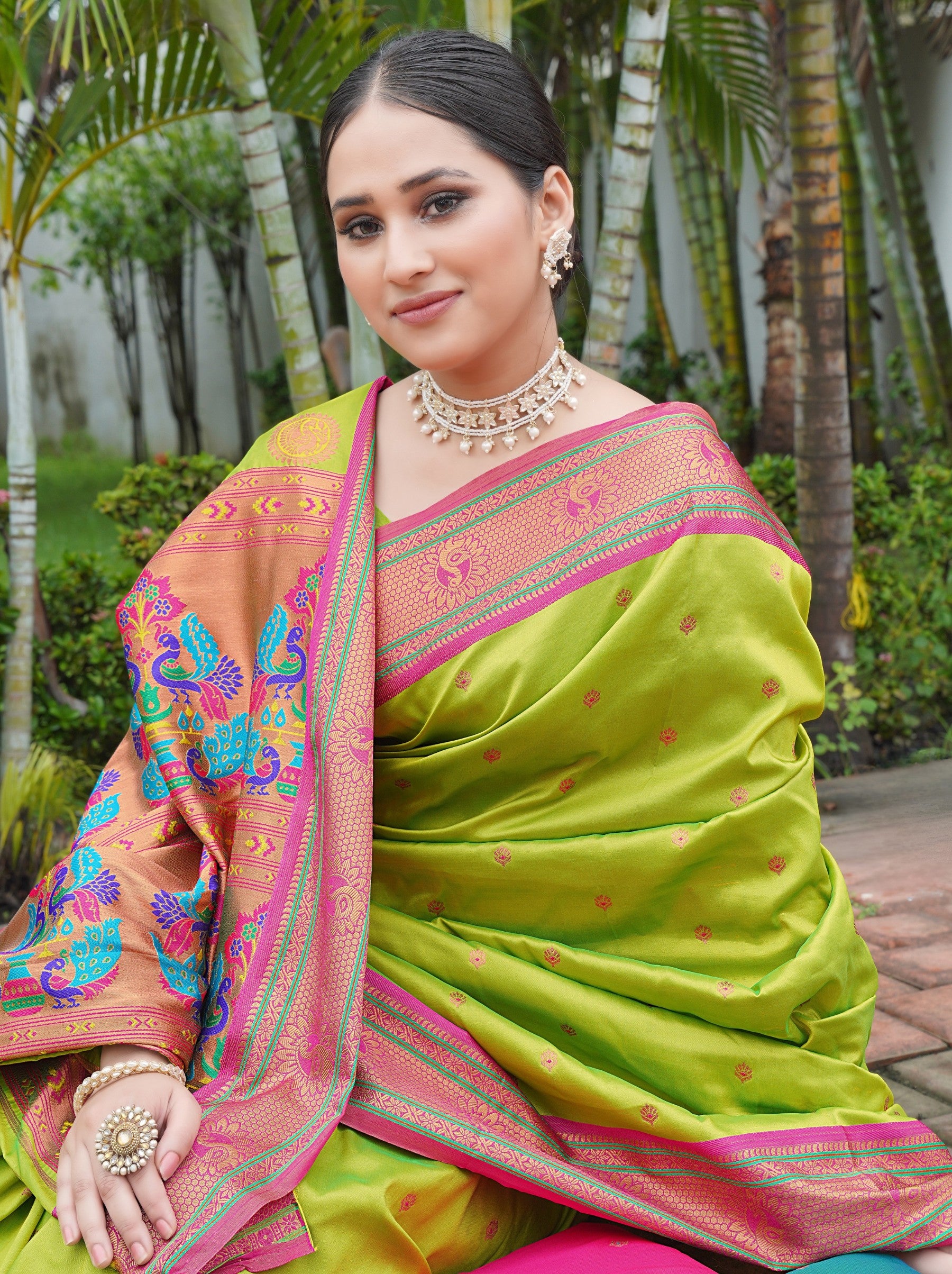 Apple Green Festive Saree - TrendOye