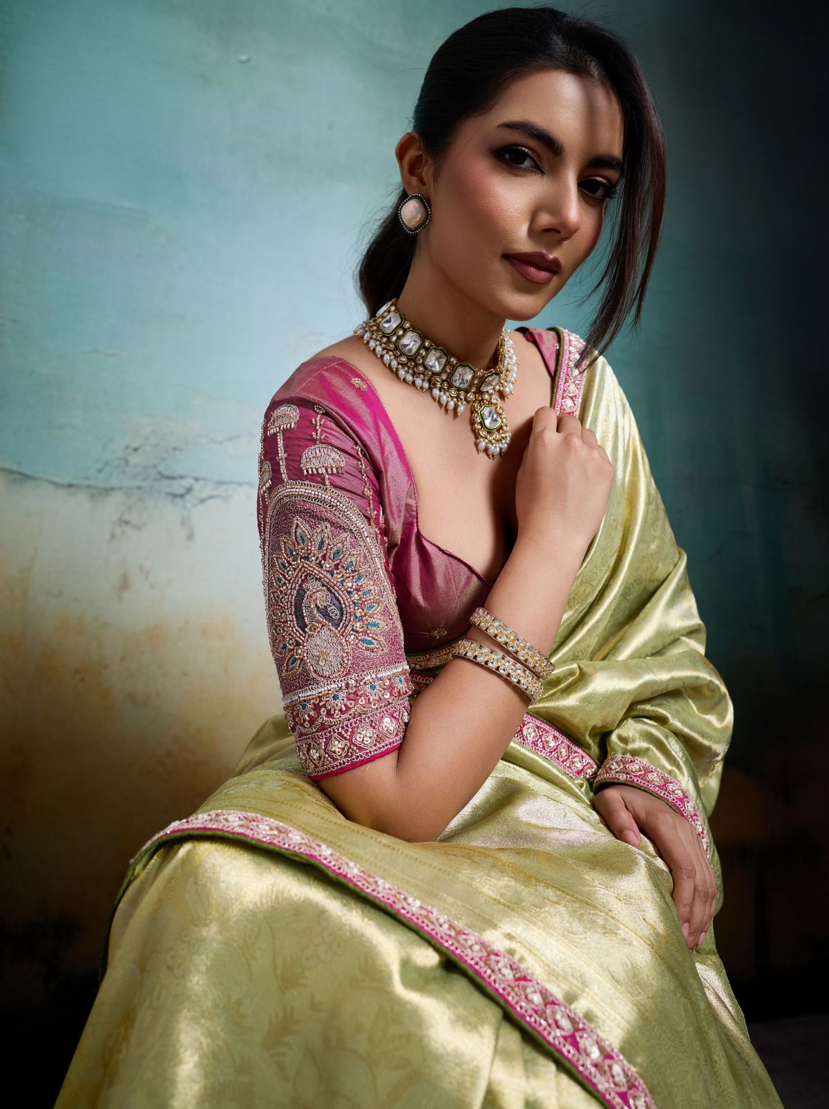 Apple Green Premium Designer Tissue Banarasi Saree With Blouse Piece