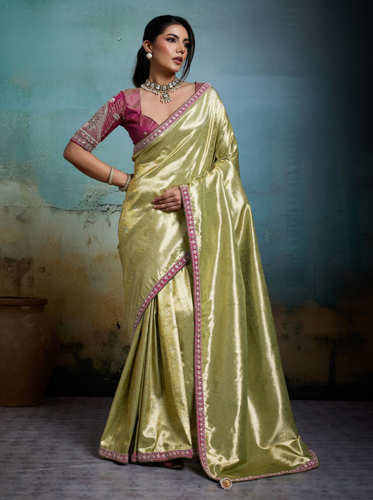 Apple Green Premium Designer Tissue Banarasi Saree With Blouse Piece