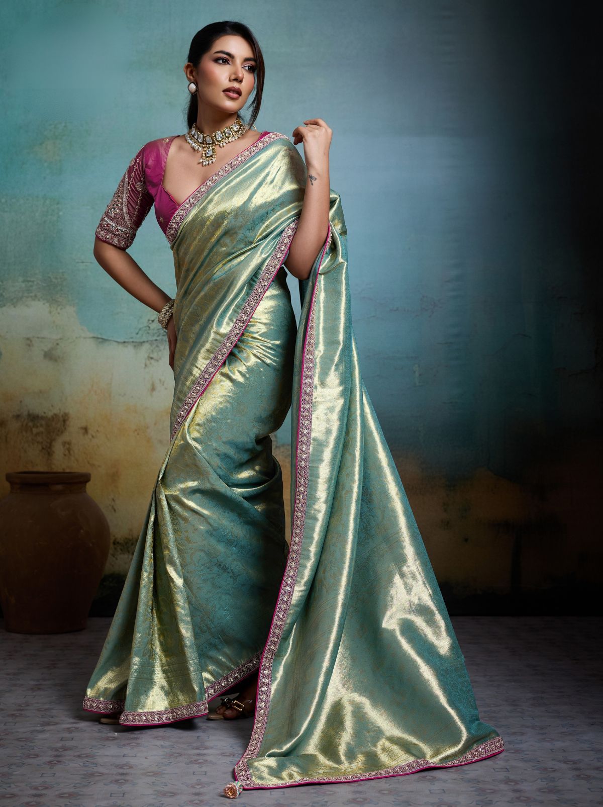 Pastel Green Premium Designer Tissue Banarasi Saree With Blouse Piece