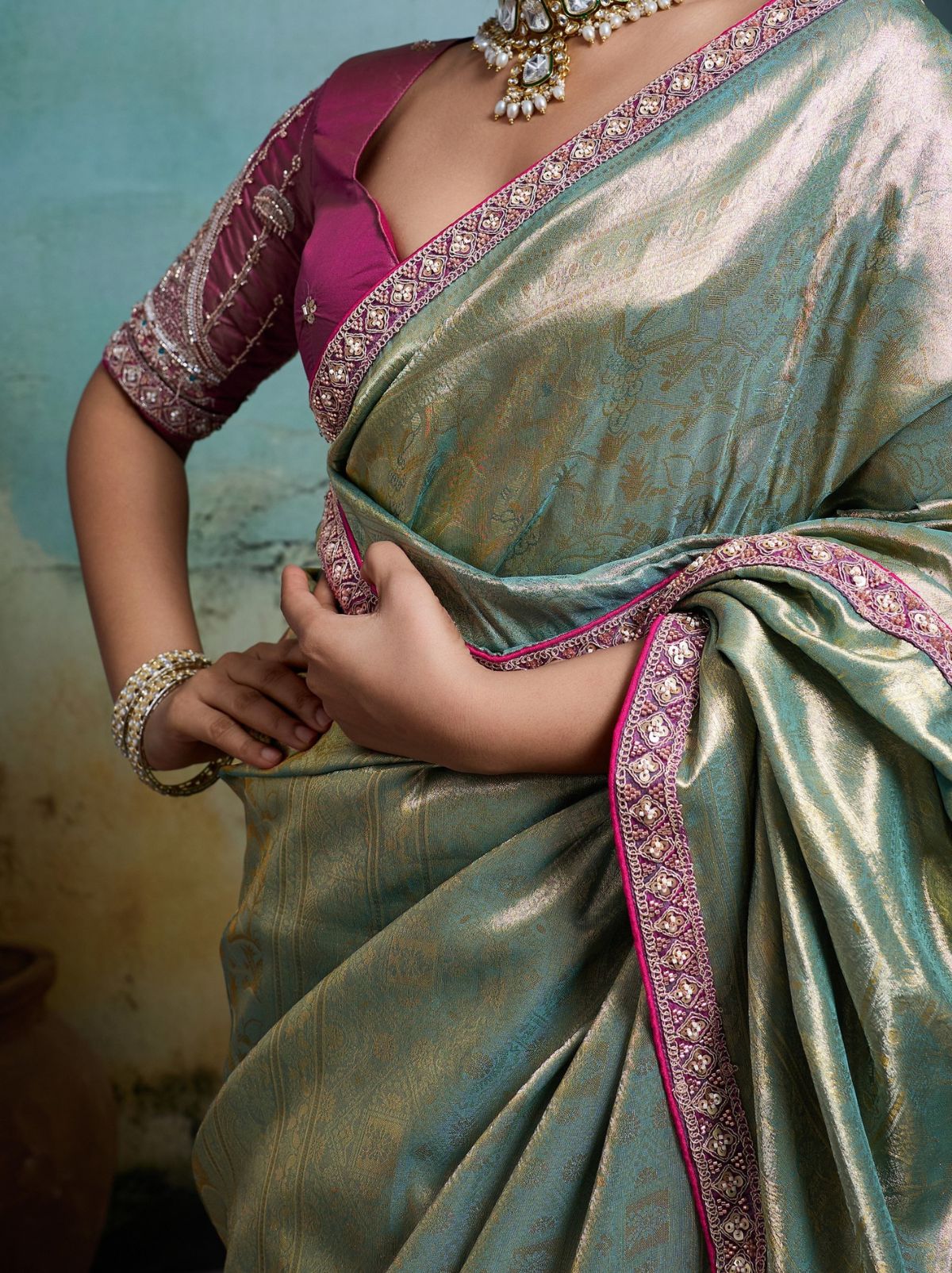Pastel Green Premium Designer Tissue Banarasi Saree With Blouse Piece