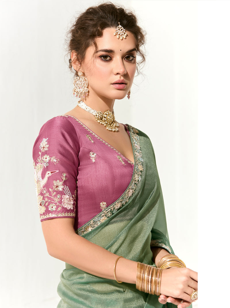 Sage Green Organza Tissue Ethnic Saree With Embroidered Border