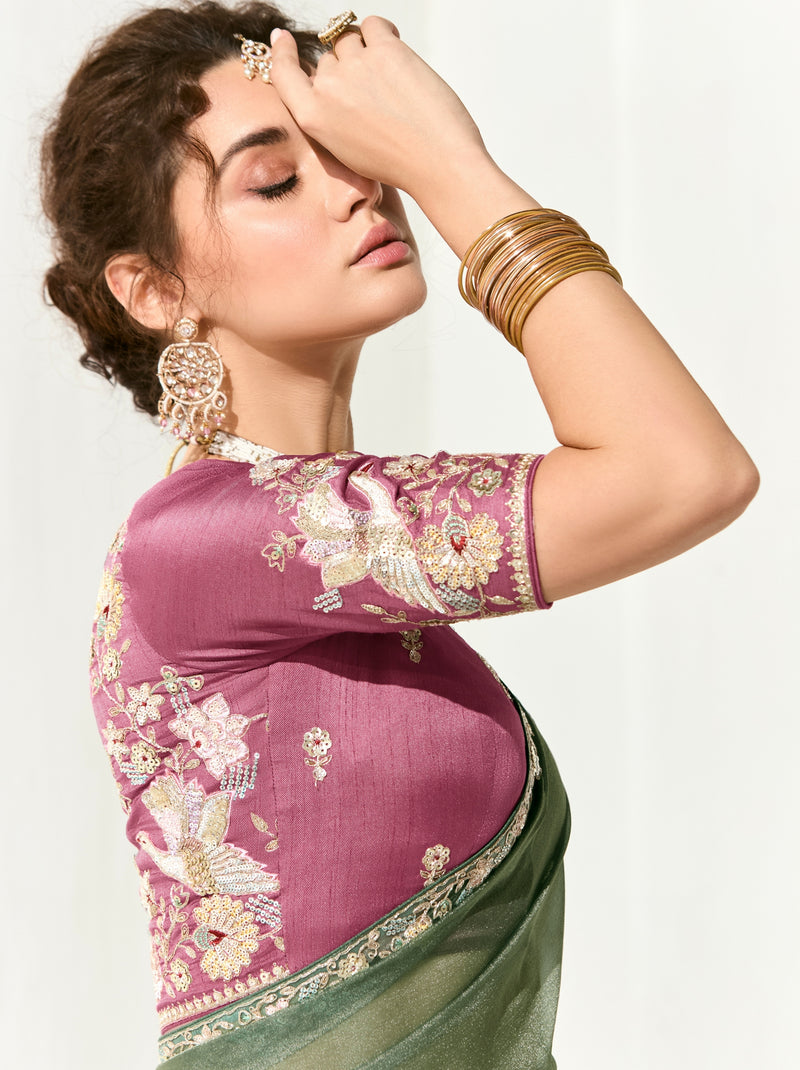 Sage Green Organza Tissue Ethnic Saree With Embroidered Border