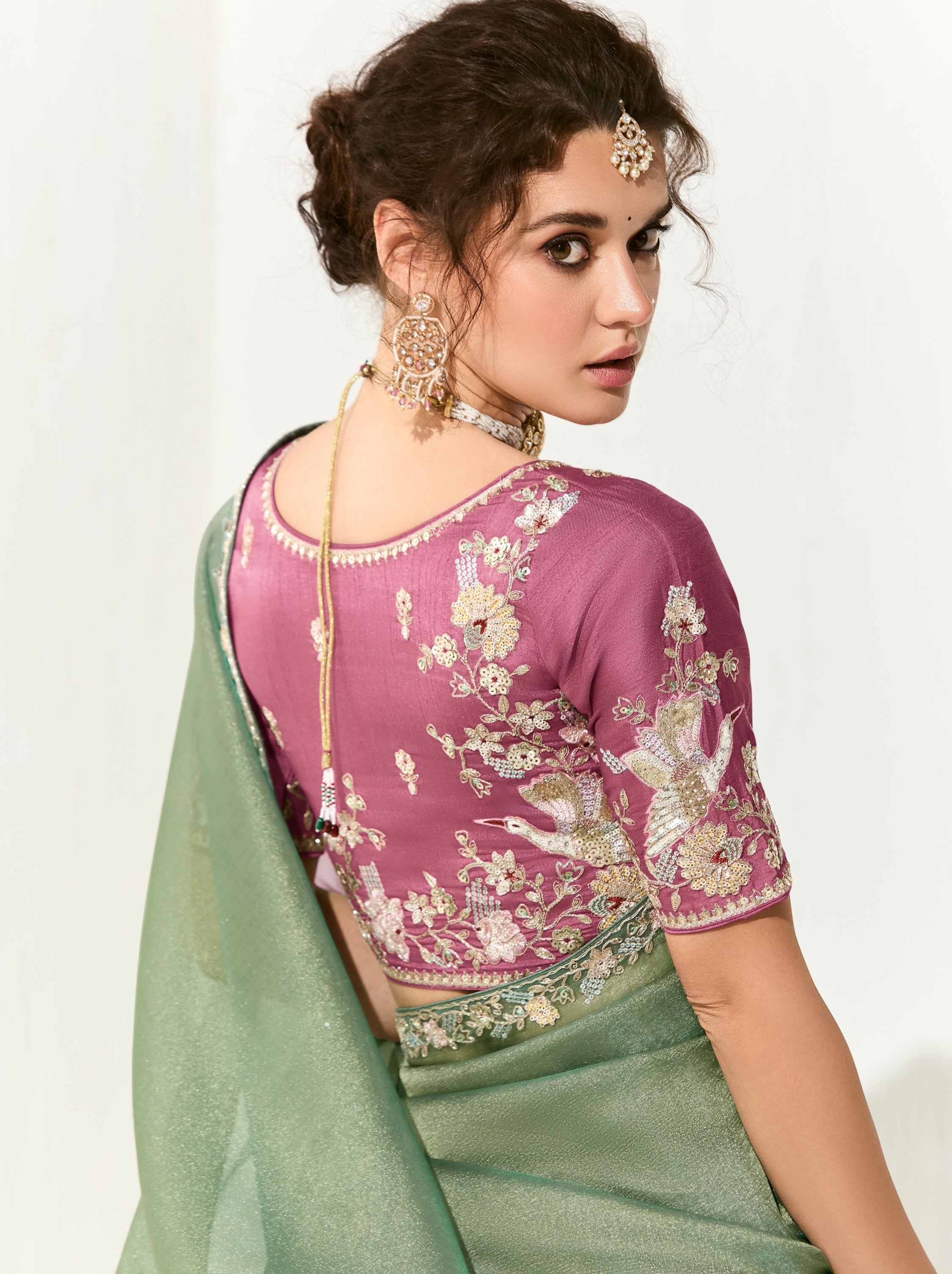 Sage Green Organza Tissue Ethnic Saree With Embroidered Border