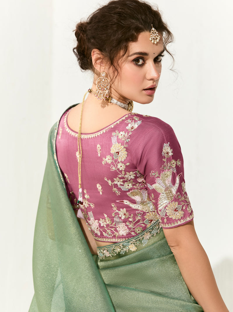 Sage Green Organza Tissue Ethnic Saree With Embroidered Border