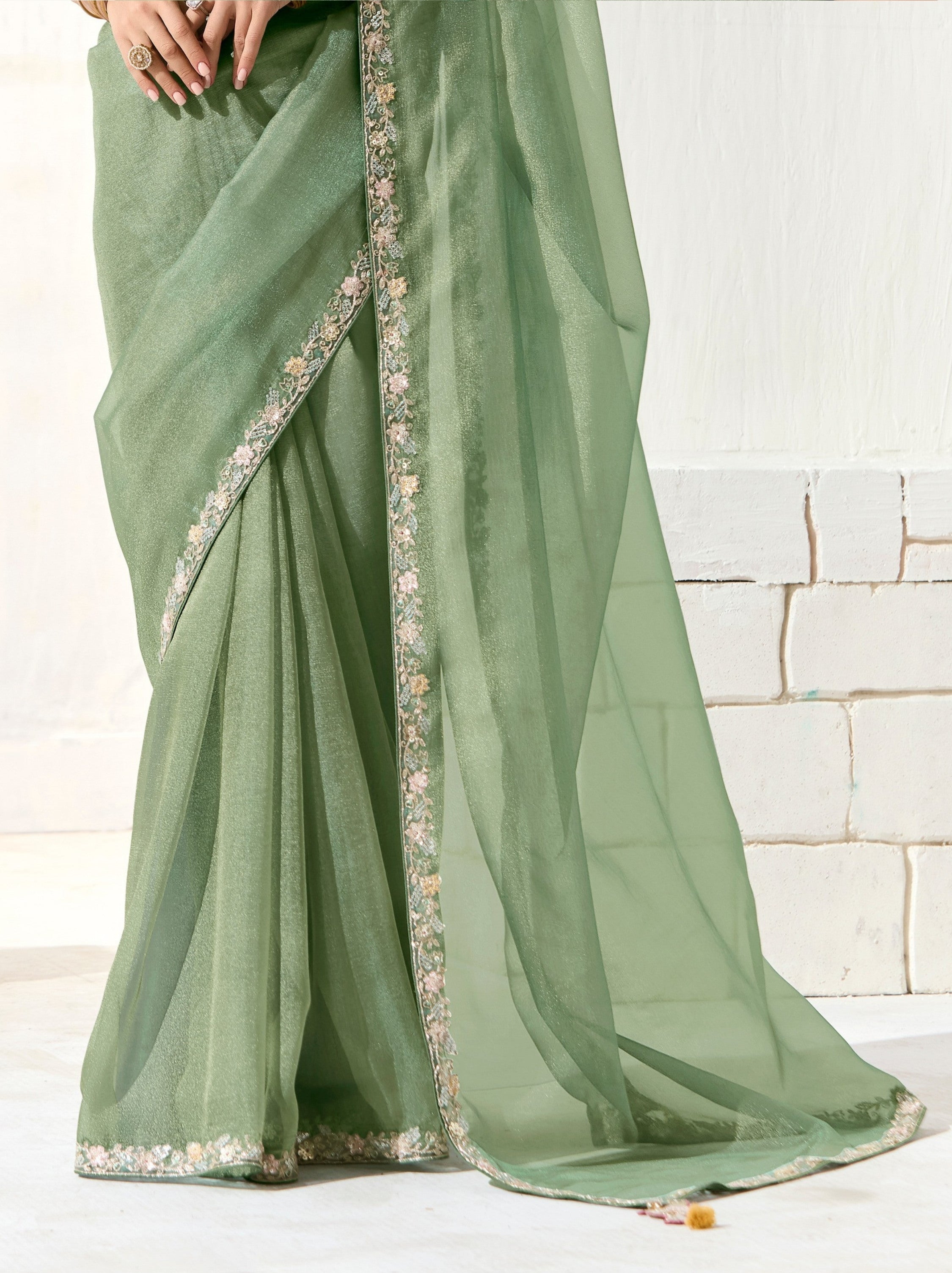 Sage Green Organza Tissue Ethnic Saree With Embroidered Border
