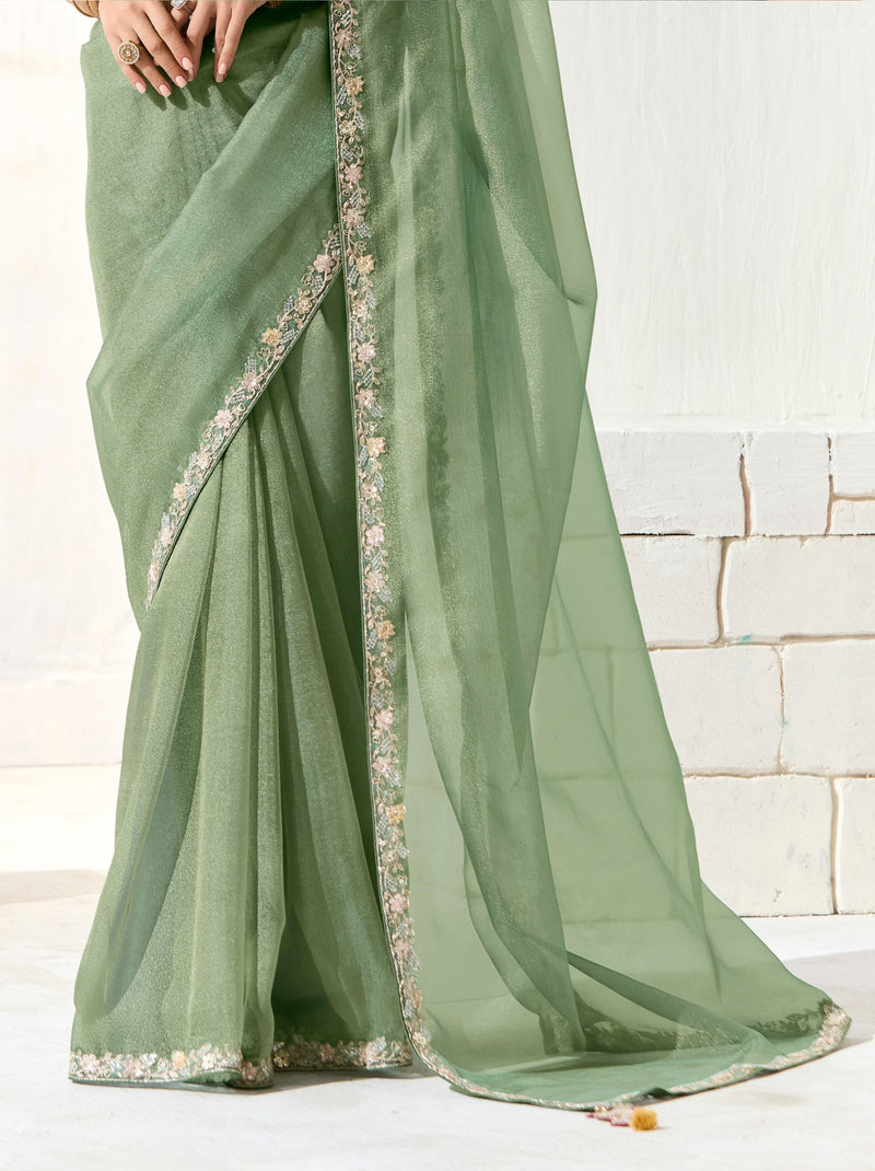 Sage Green Organza Tissue Ethnic Saree With Embroidered Border