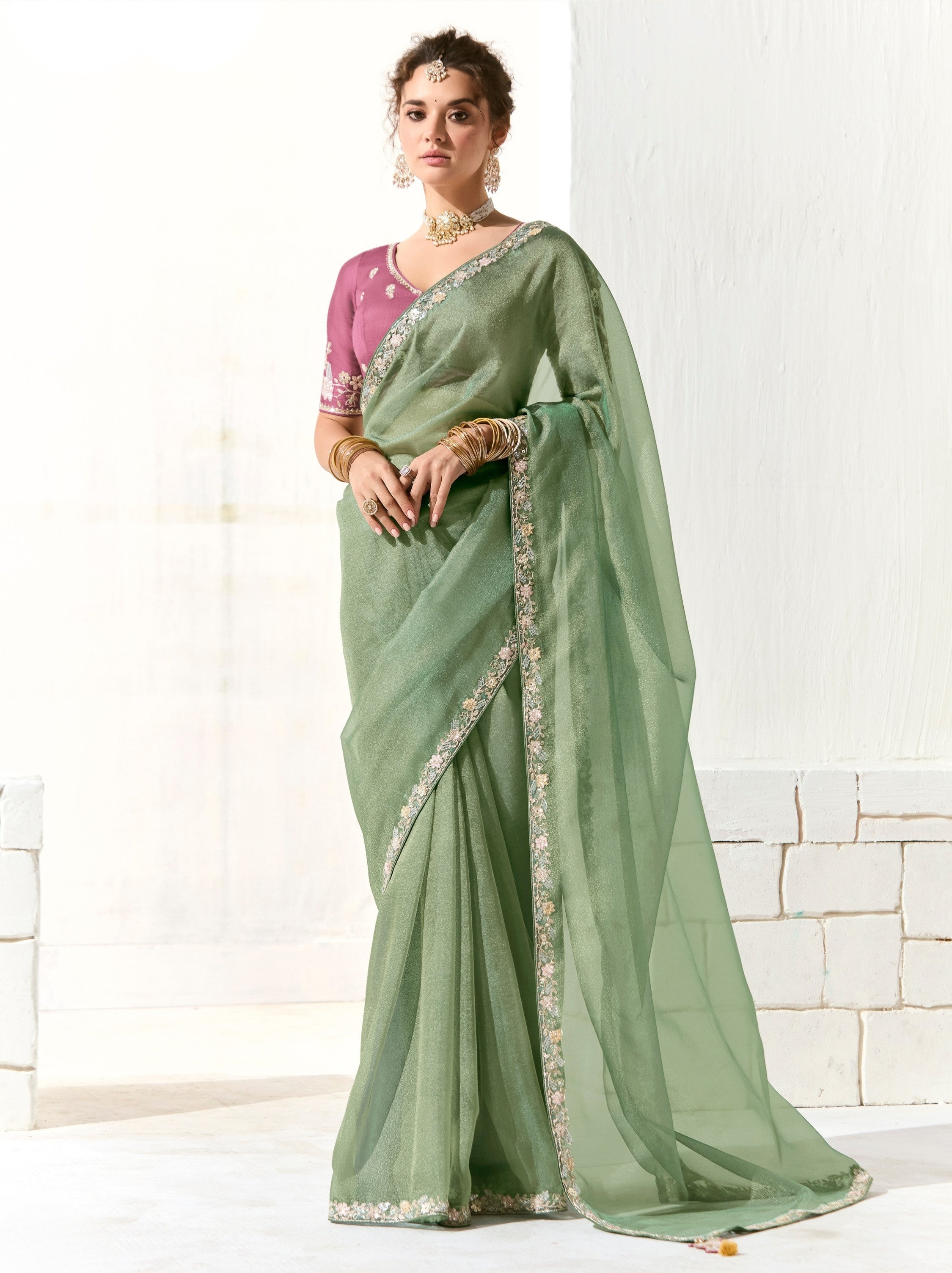 Sage Green Organza Tissue Ethnic Saree With Embroidered Border