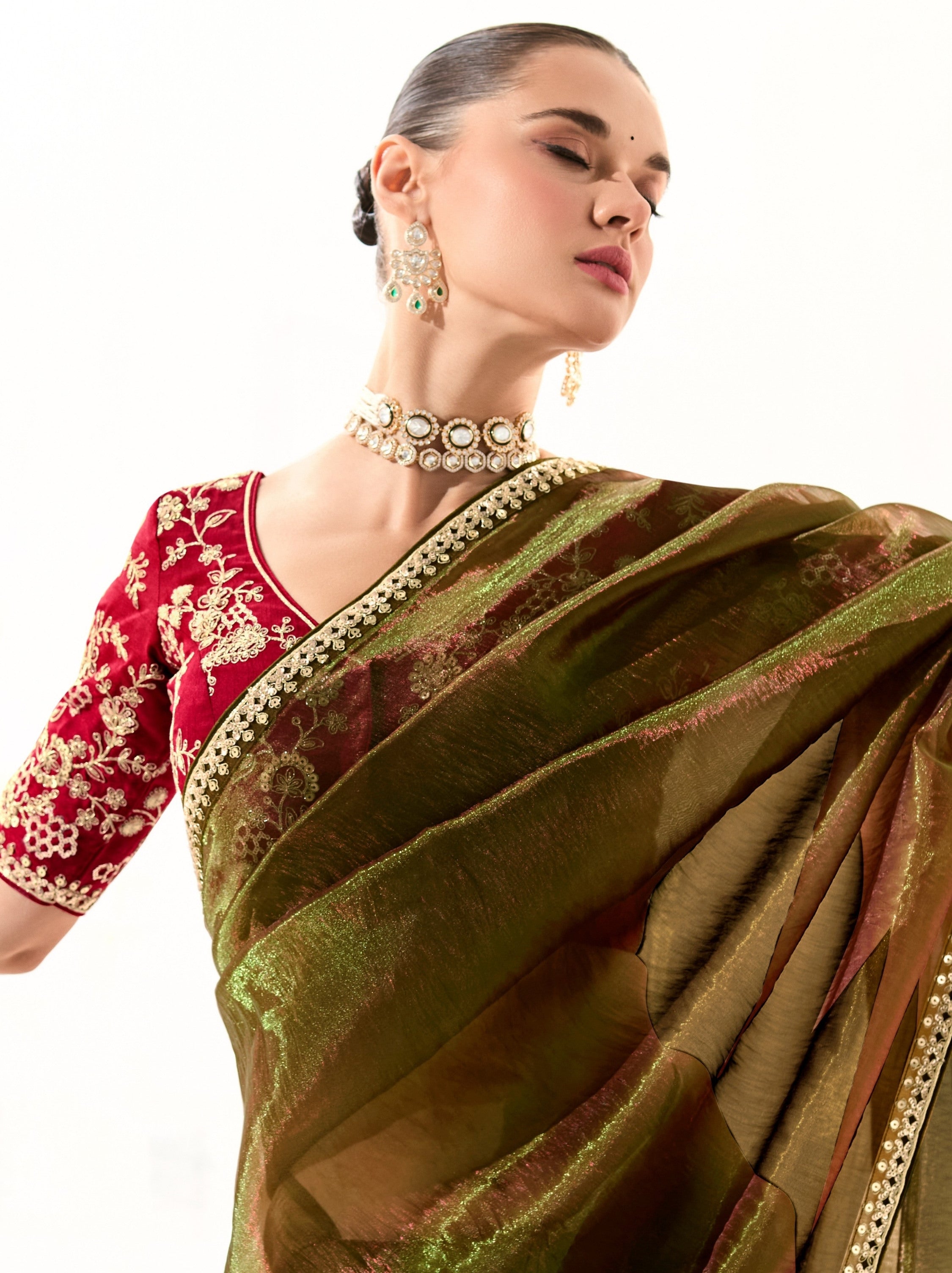 Army Green Organza Tissue Ethnic Saree With Embroidered Border