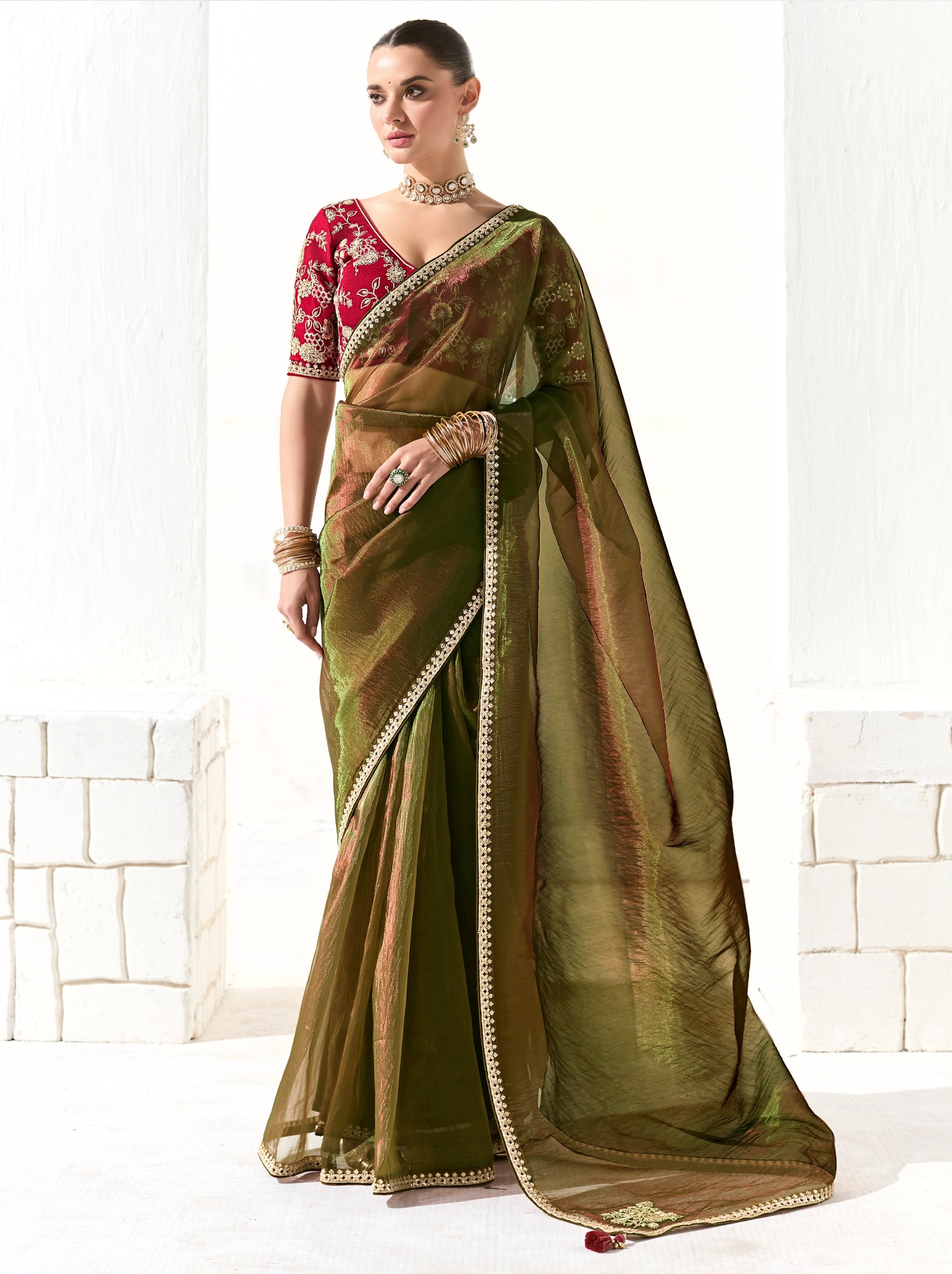 Army Green Organza Tissue Ethnic Saree With Embroidered Border