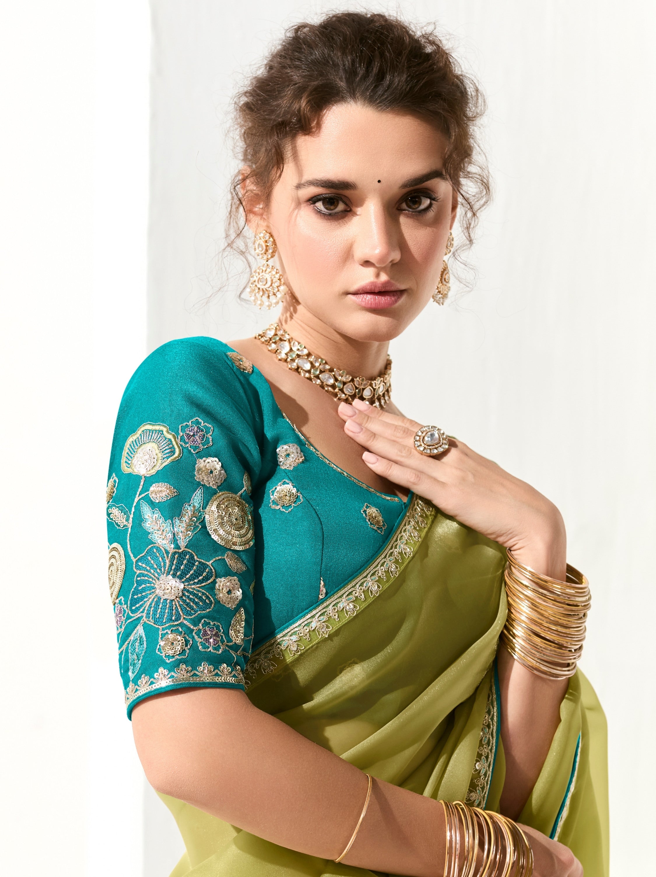 Apple Green Organza Tissue Fancy Designer Saree With Blouse Piece