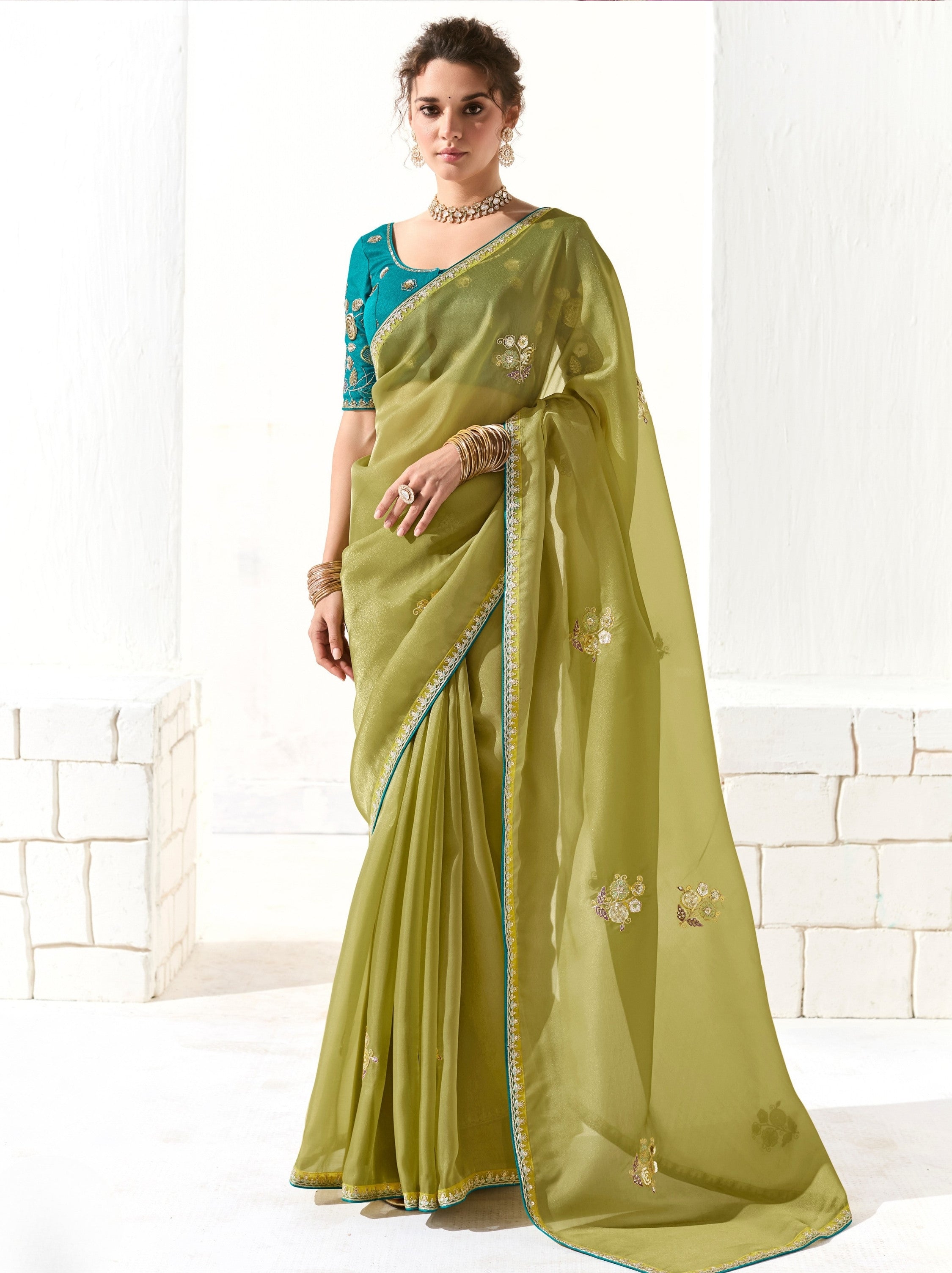 Apple Green Organza Tissue Fancy Designer Saree With Blouse Piece