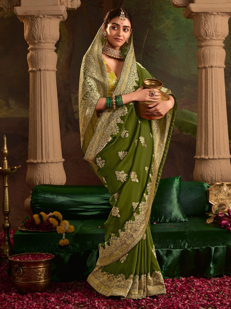 Army Green Wedding And Party Designer Saree