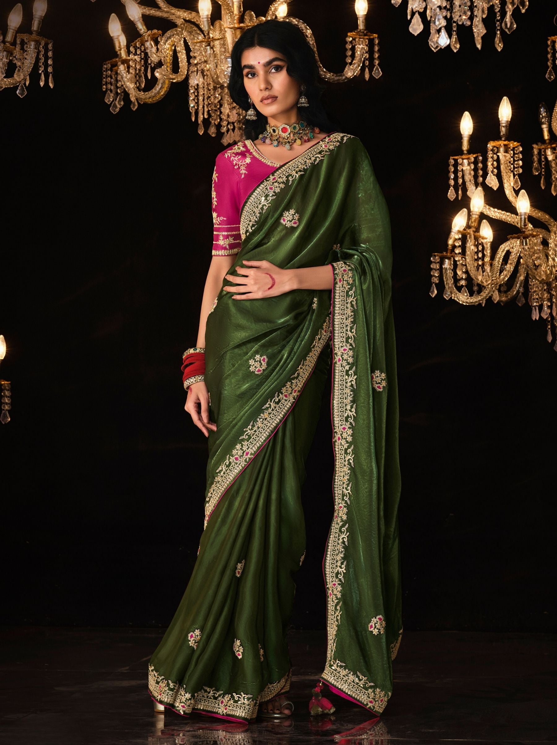 Army Green Premium Fancy Designer Wedding Saree - TrendOye
