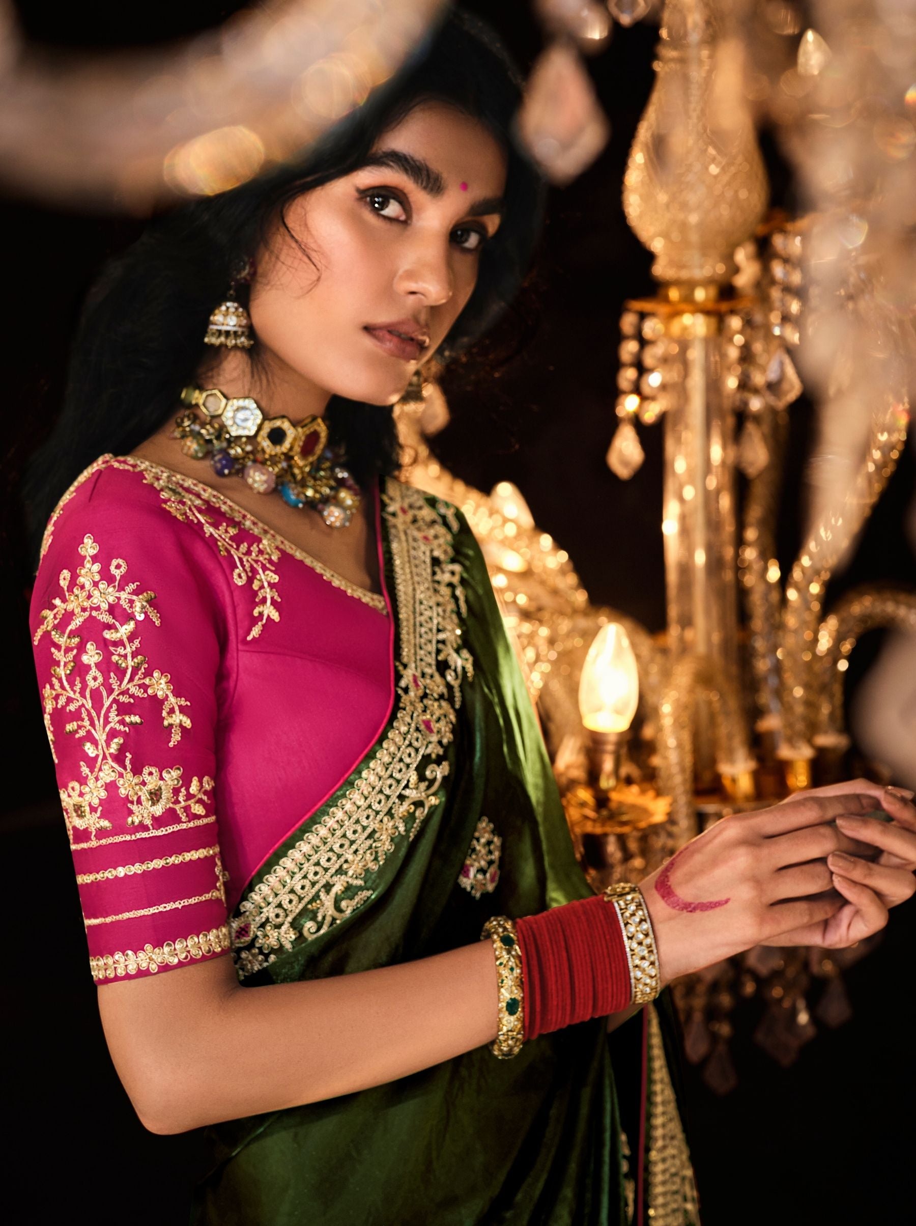 Army Green Premium Fancy Designer Wedding Saree - TrendOye