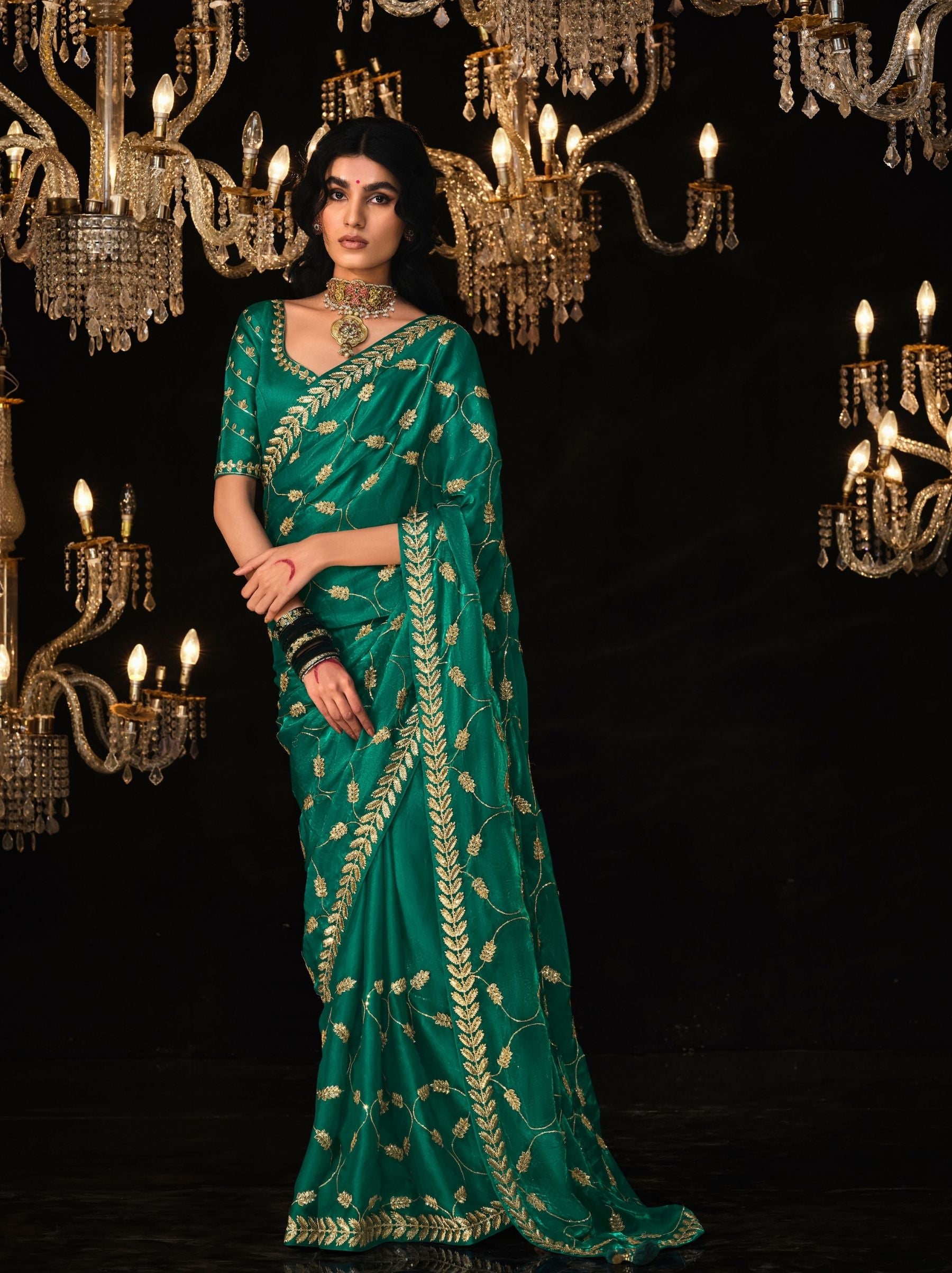 Pine Green Premium Fancy Designer Wedding Saree - TrendOye