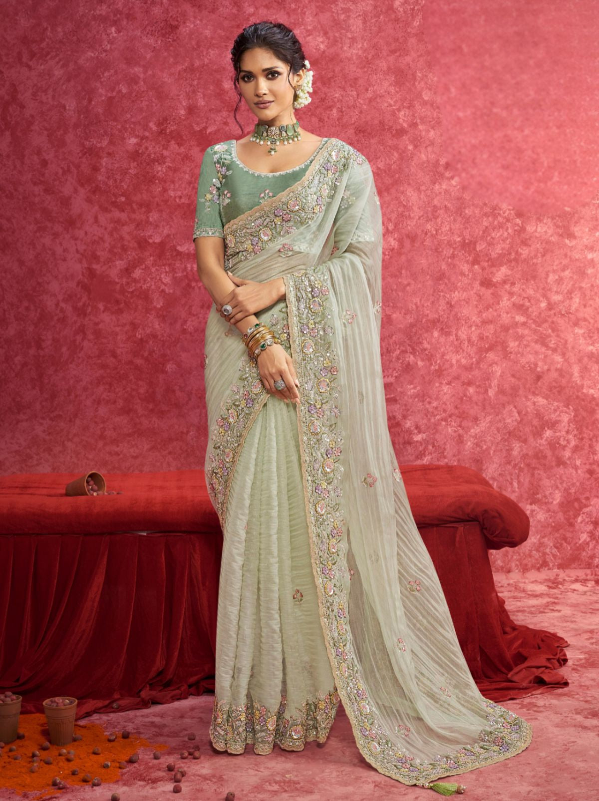 Tea Green Designer Fancy Sequin Saree With Tassels