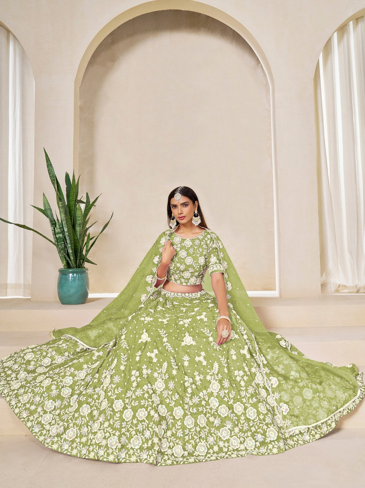 Jade Green Premium Festive Lehenga Set With Sequin And Zari Work - TrendOye