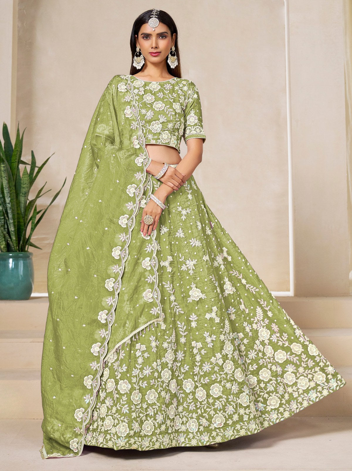 Jade Green Premium Festive Lehenga Set With Sequin And Zari Work - TrendOye