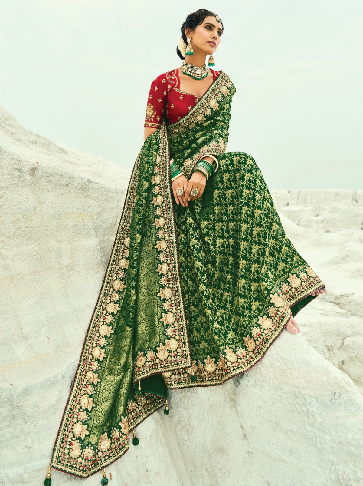 Pine Green Premium Georgette Wedding Saree With Bandhej Work