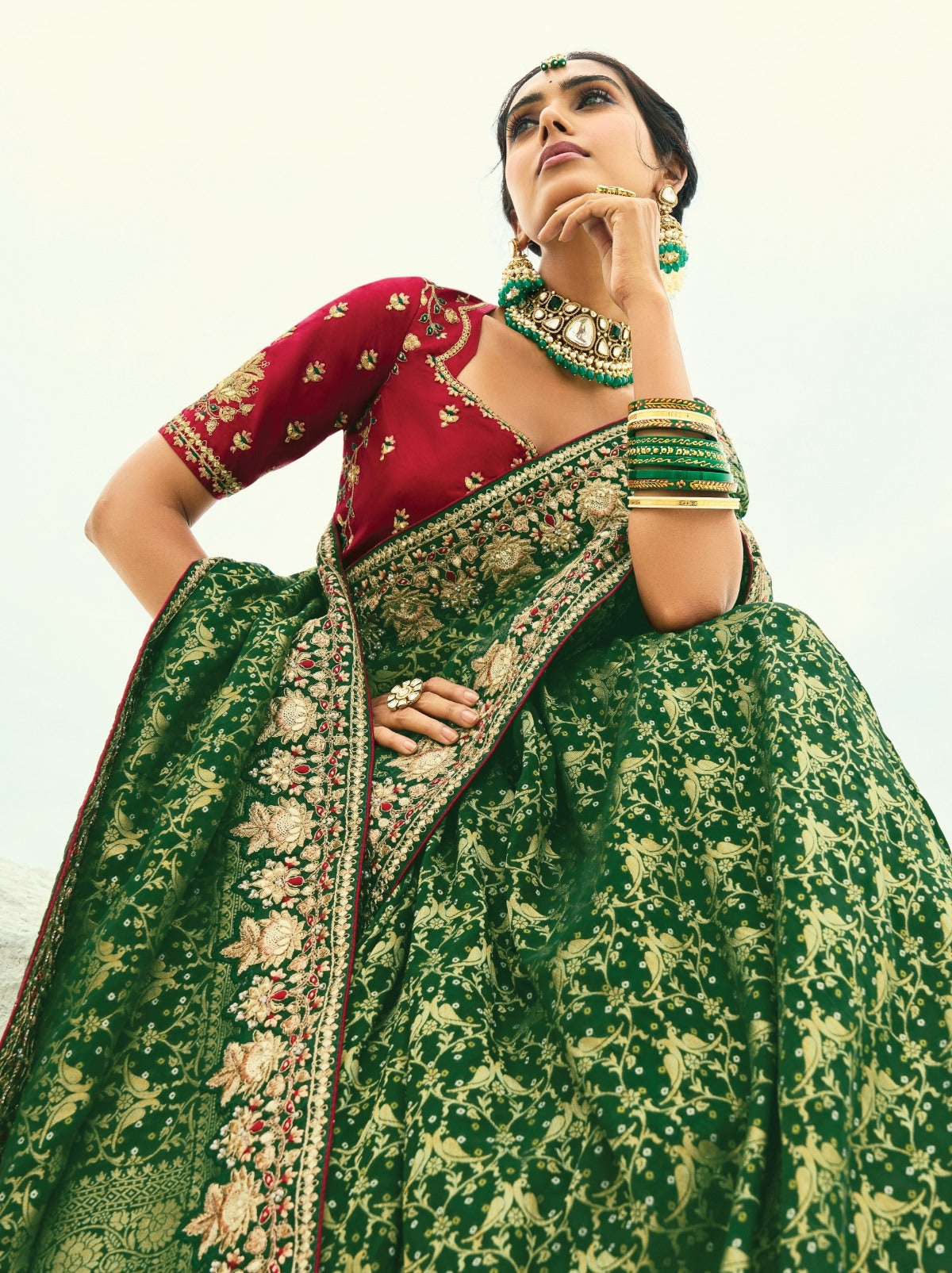 Pine Green Premium Georgette Wedding Saree With Bandhej Work