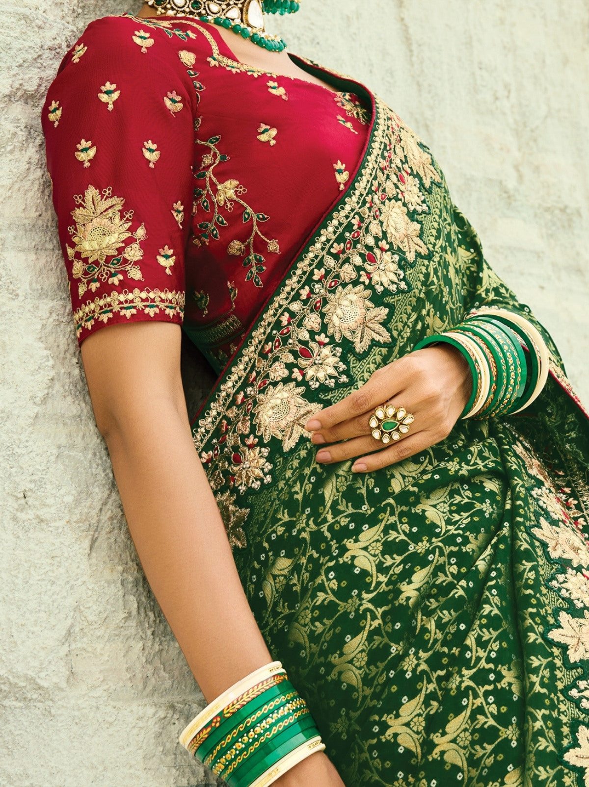 Pine Green Premium Georgette Wedding Saree With Bandhej Work