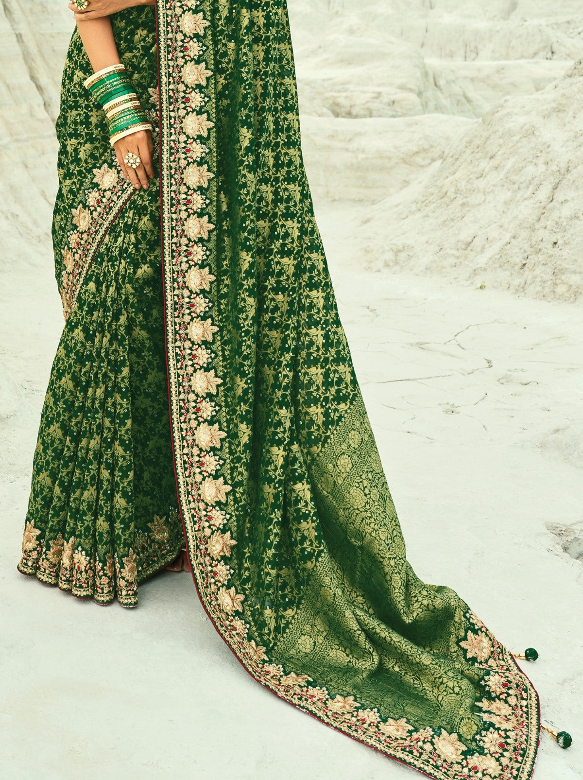 Pine Green Premium Georgette Wedding Saree With Bandhej Work