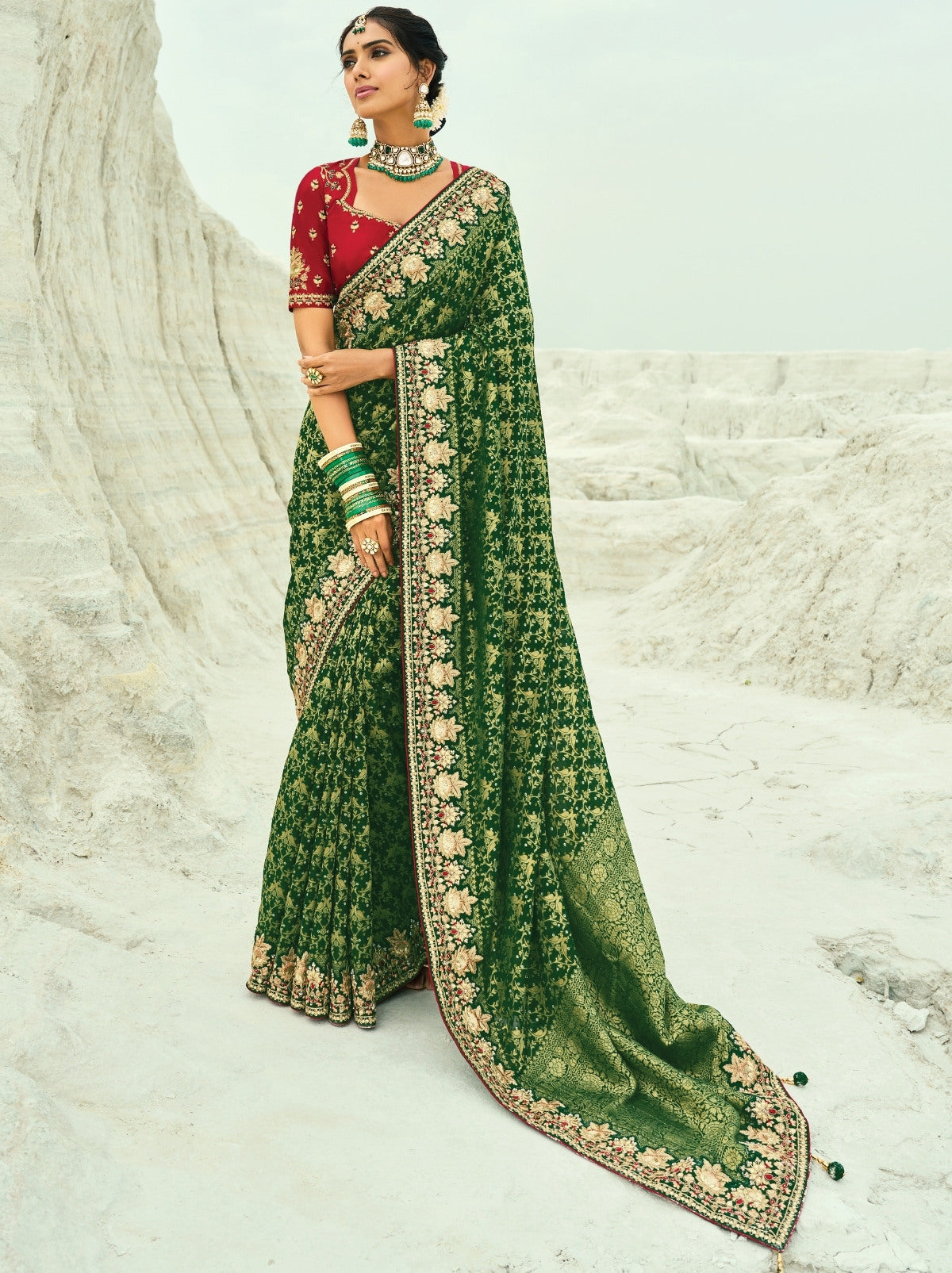 Pine Green Premium Georgette Wedding Saree With Bandhej Work
