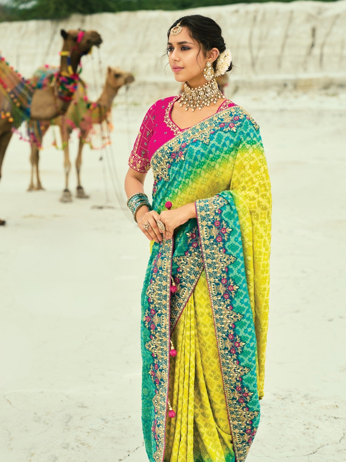 Apple Green Premium Georgette Wedding Saree With Bandhej Work